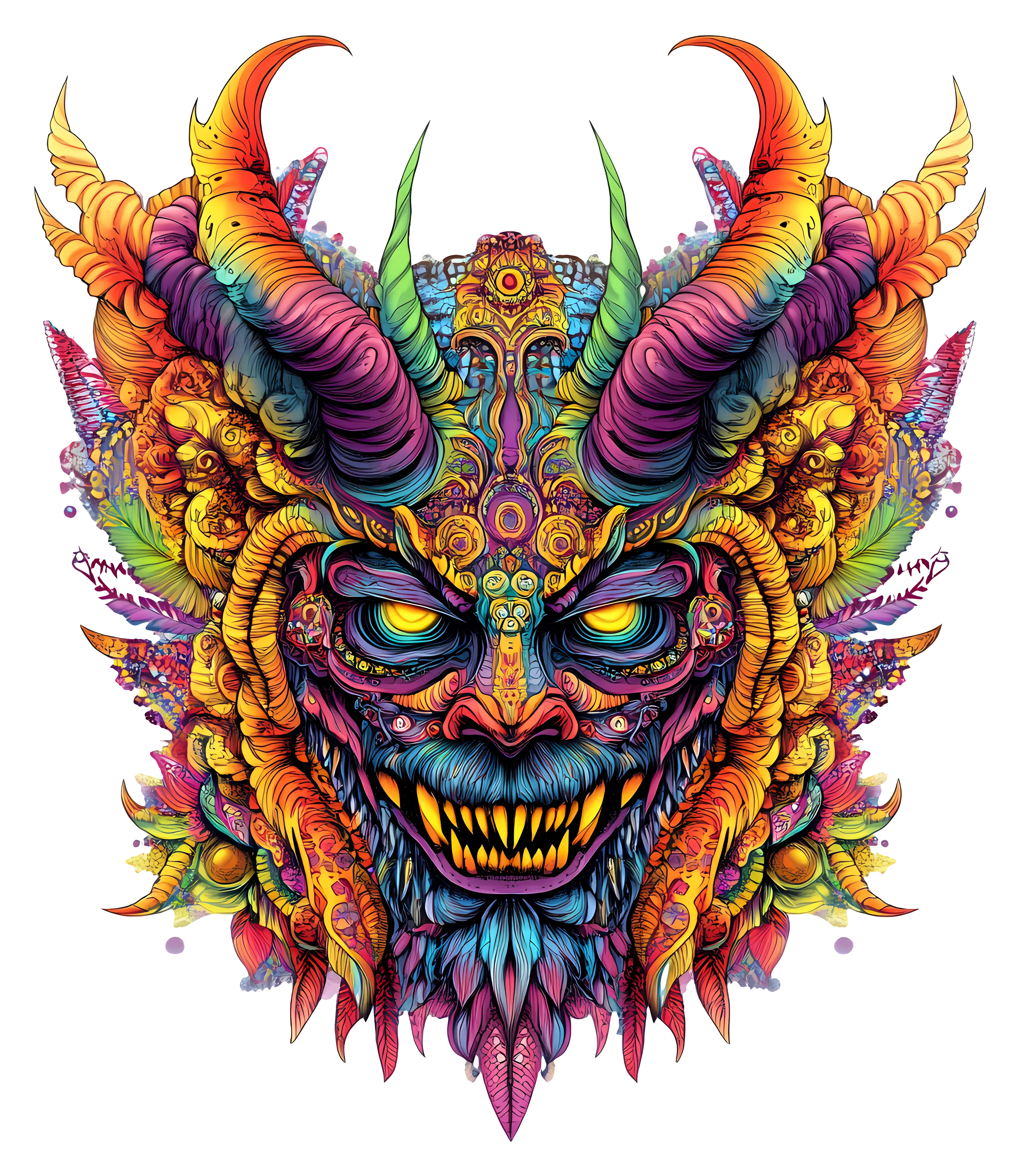 Psychedelically Colored Horned Monster Face