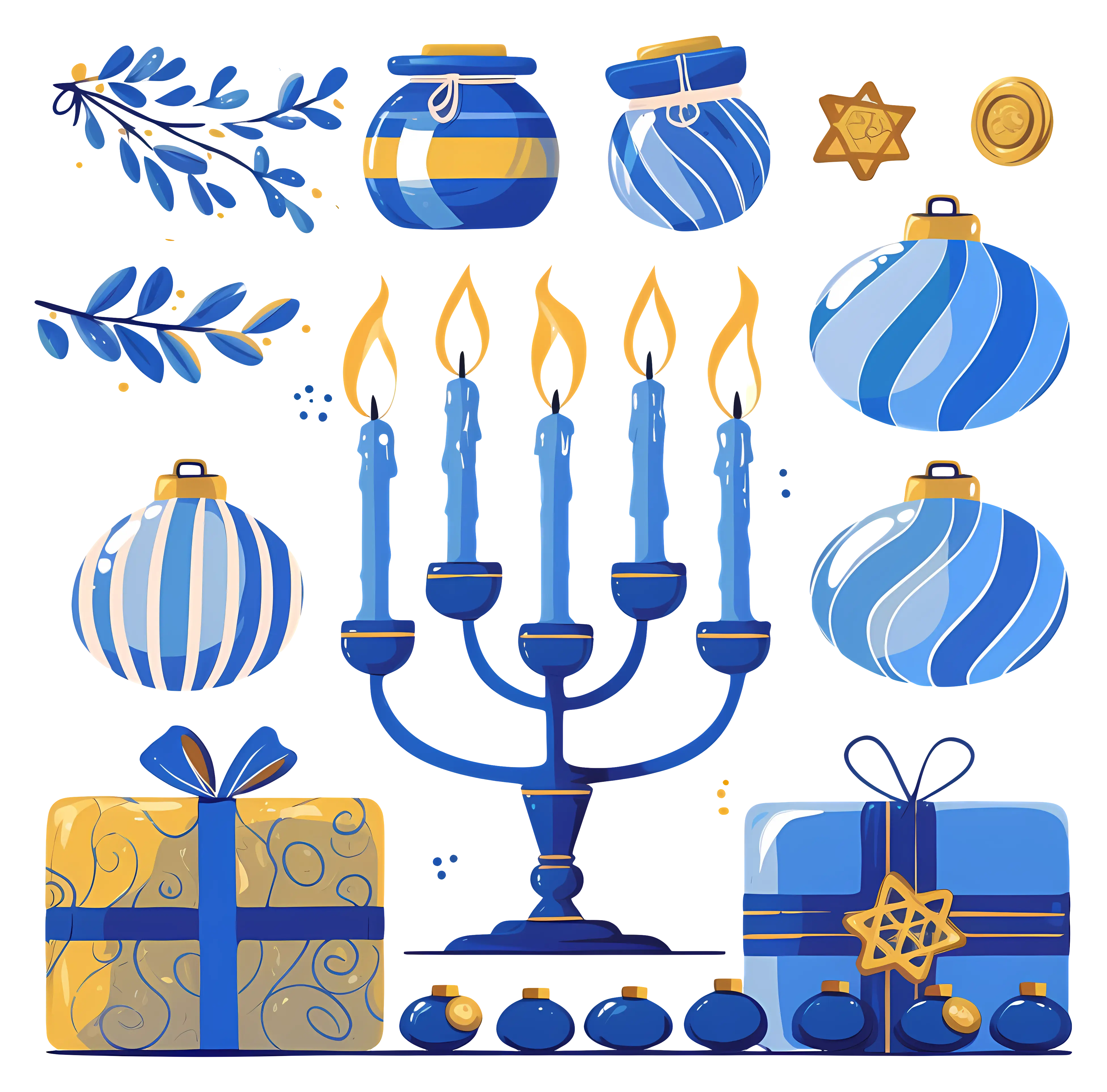 Blue Menorah with Ornaments and Gifts