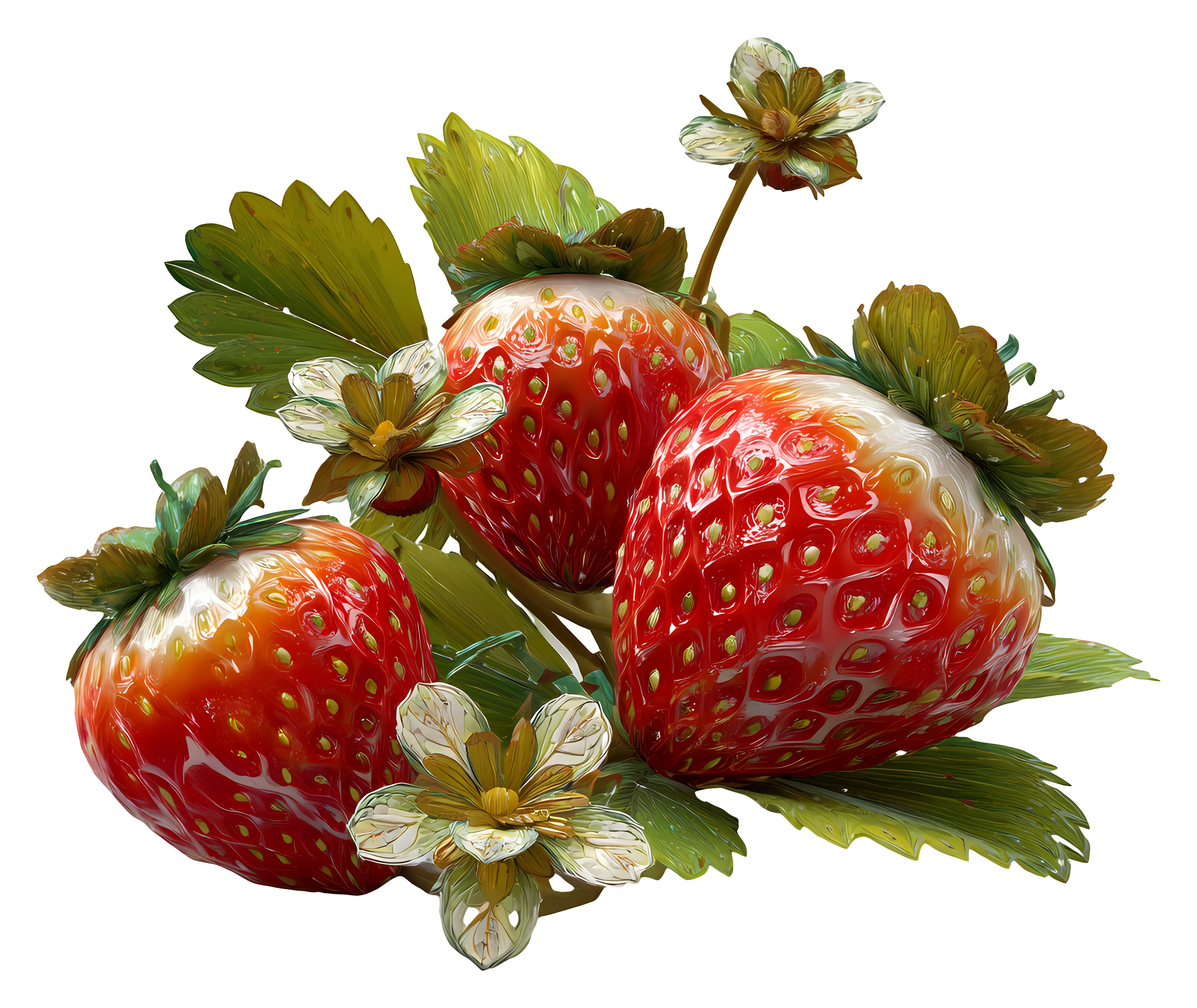 Juicy Red Strawberries with Leaves