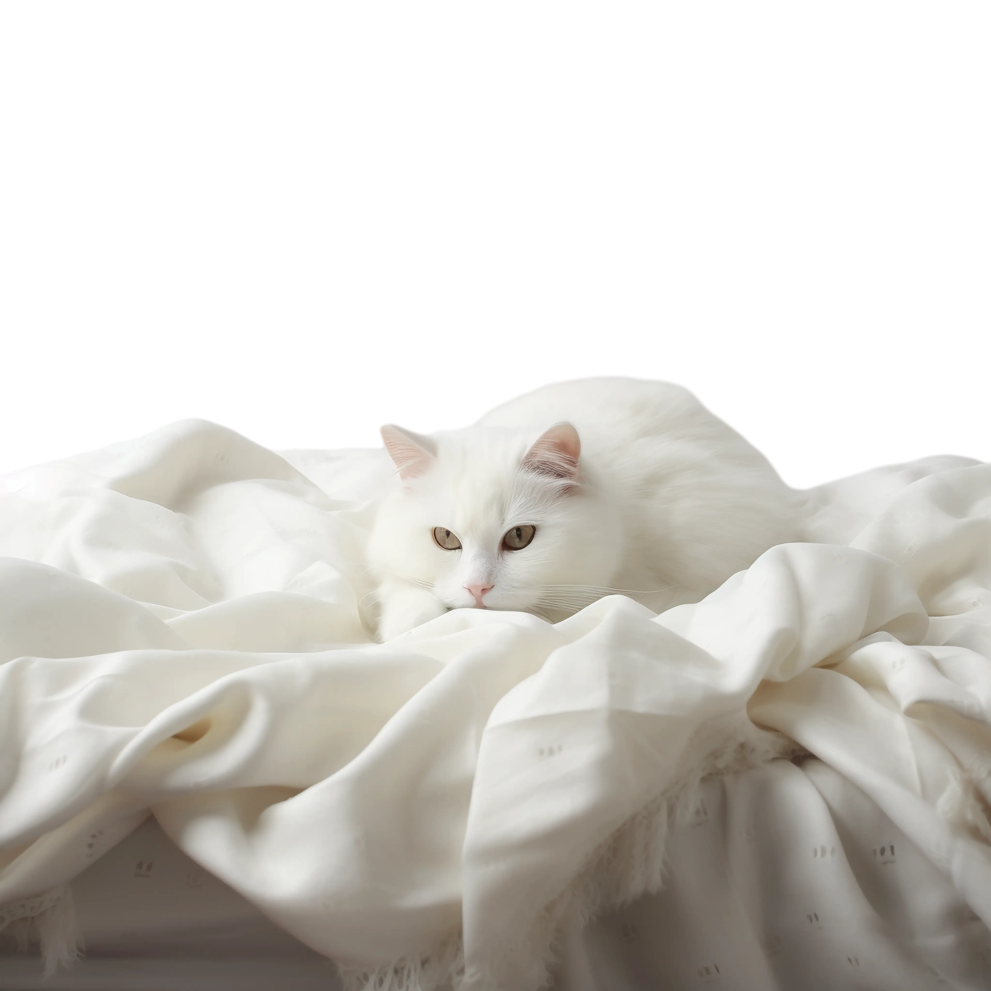 White Cat Resting on White Sheets
