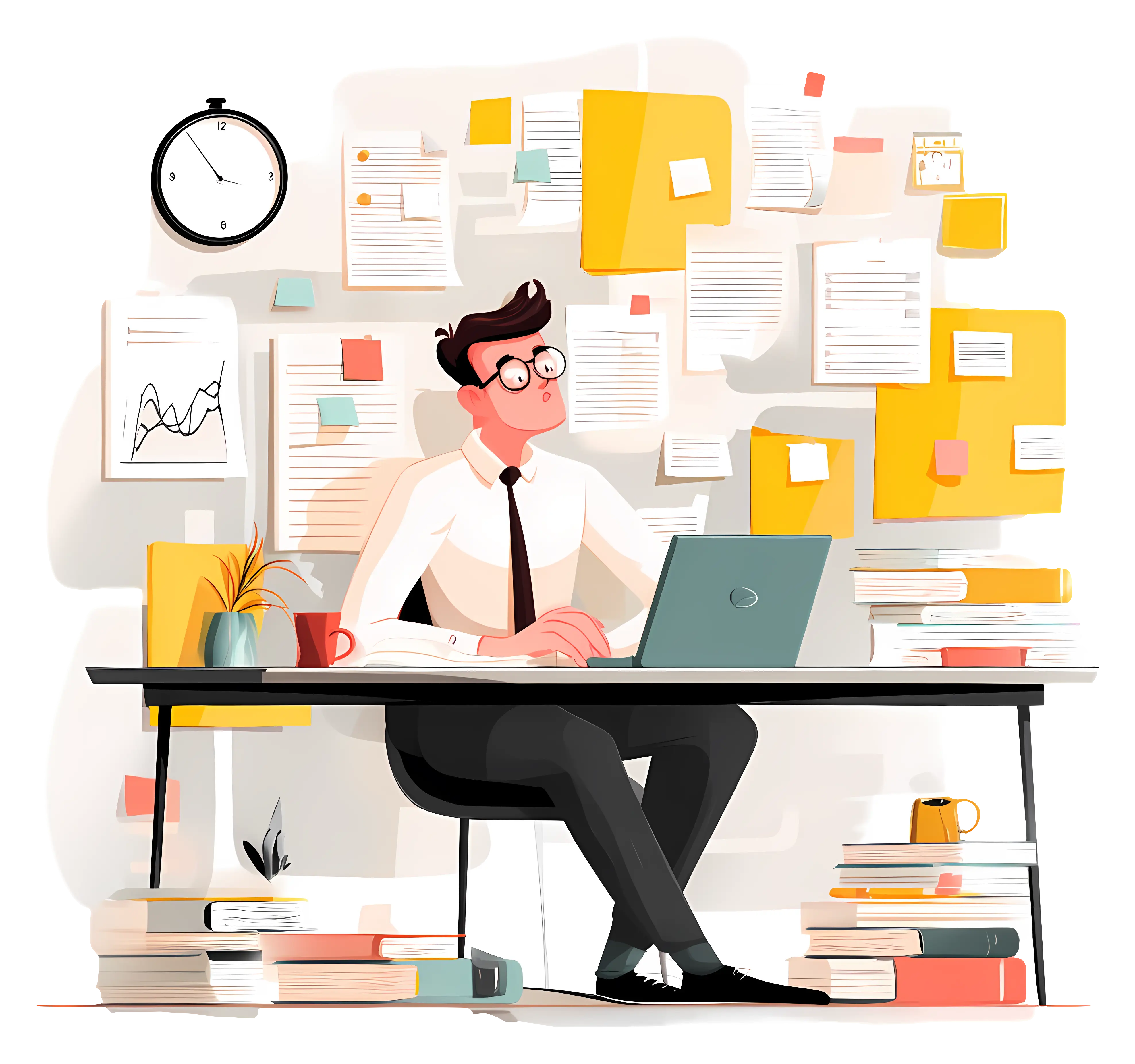 Focused Man Working at Cluttered Desk