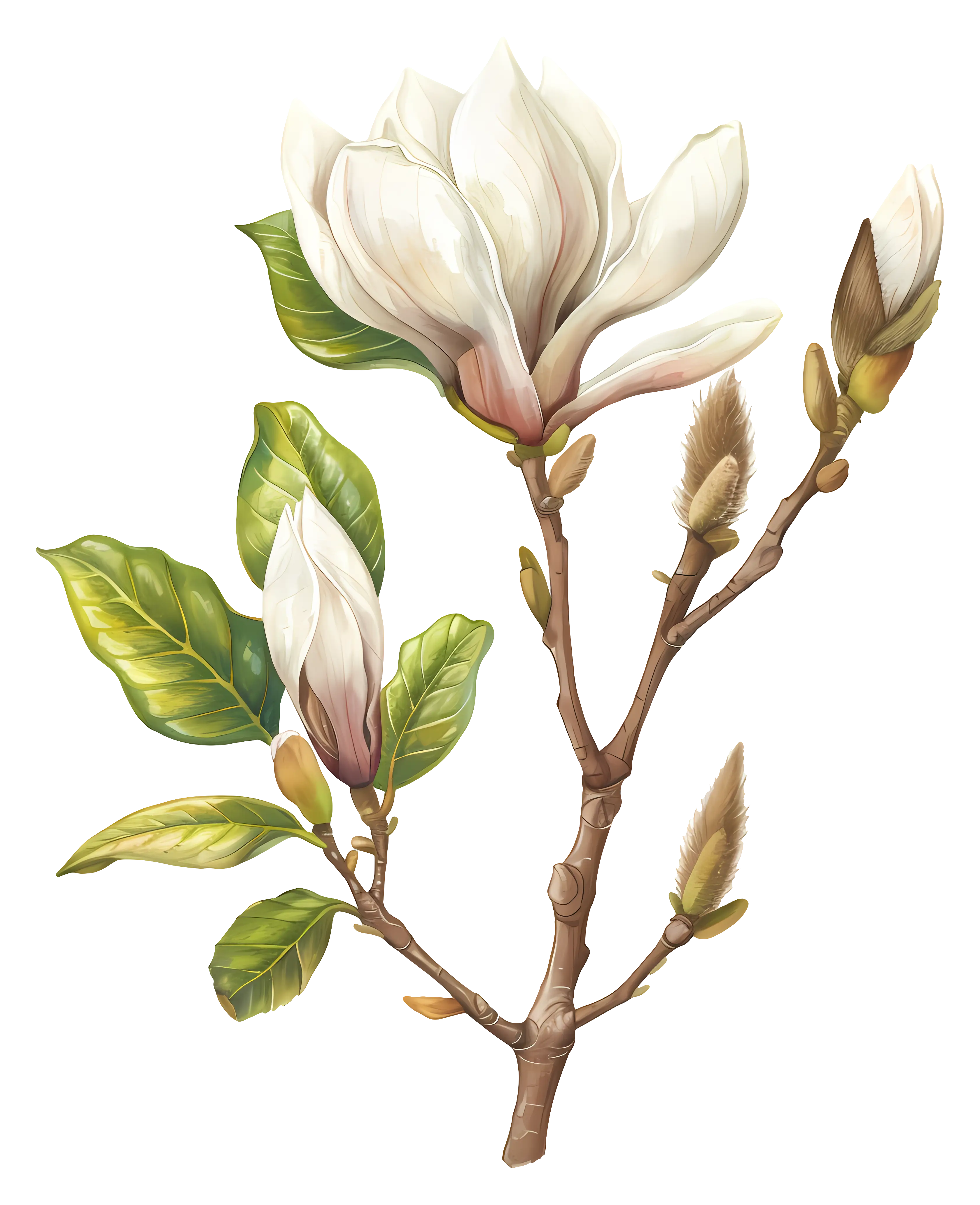 Magnolia Flower and Branch Botanical Illustration