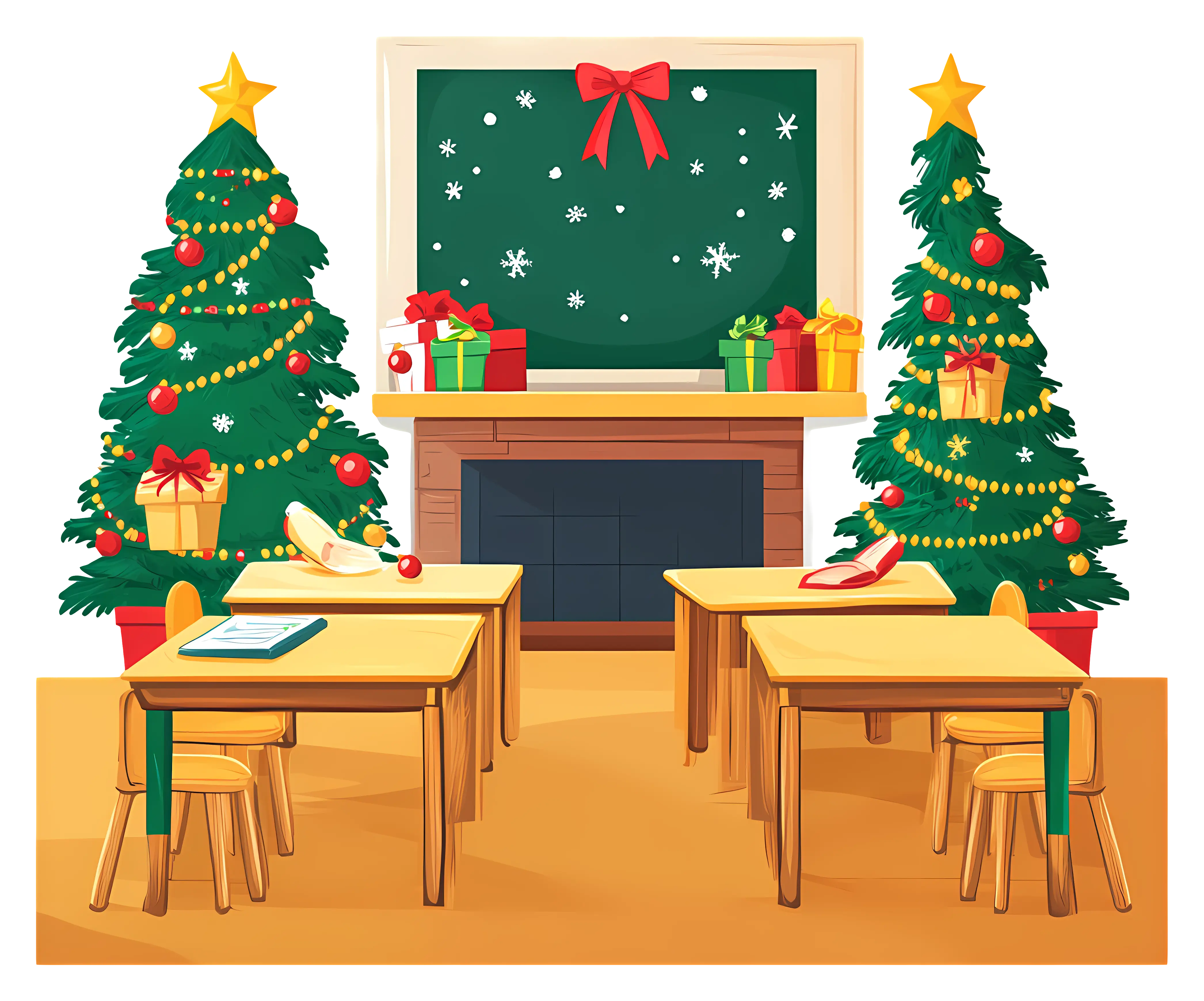 Classroom with Christmas Trees and Gifts