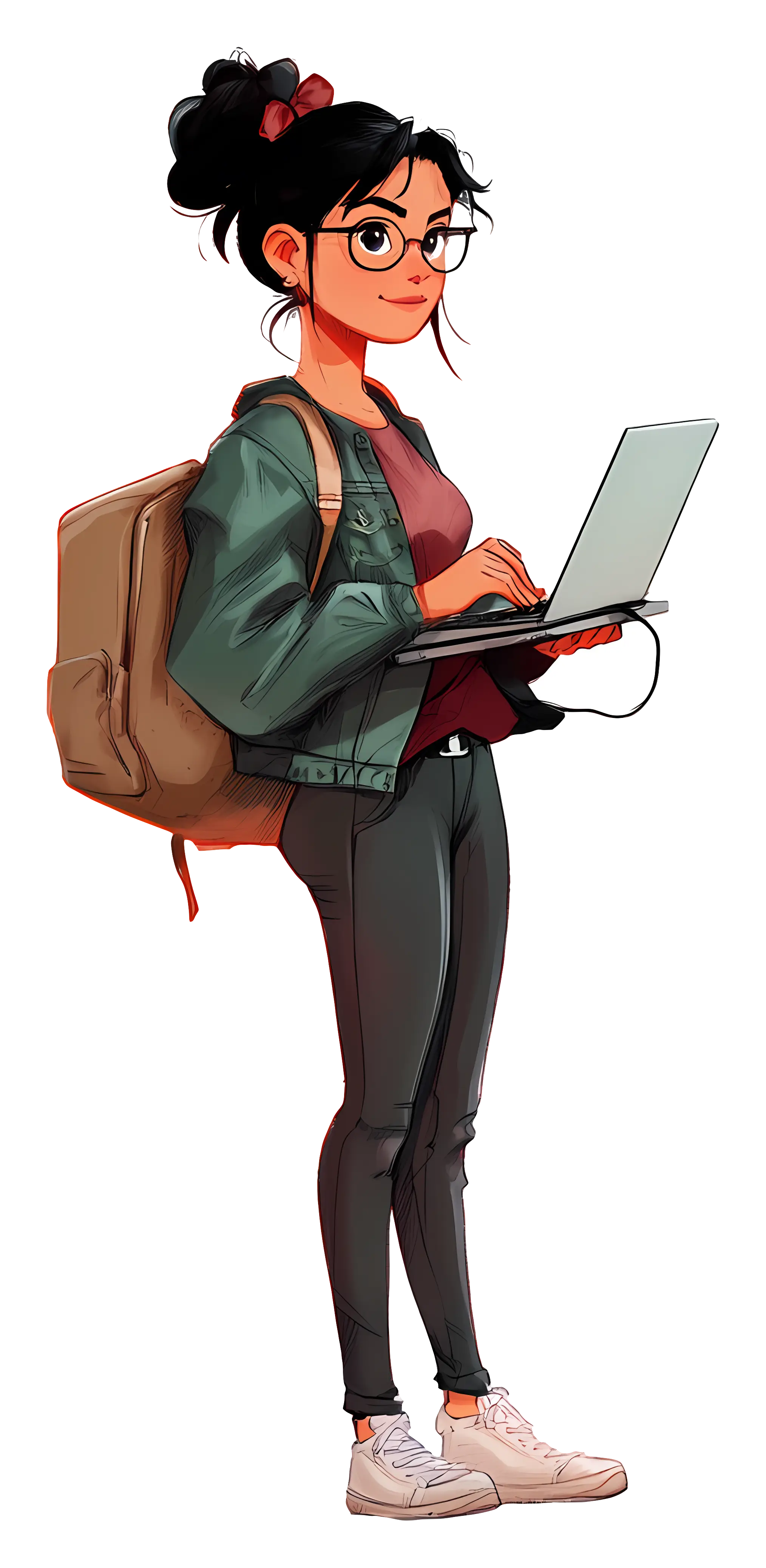 Cartoon Girl with Backpack and Laptop Illustration