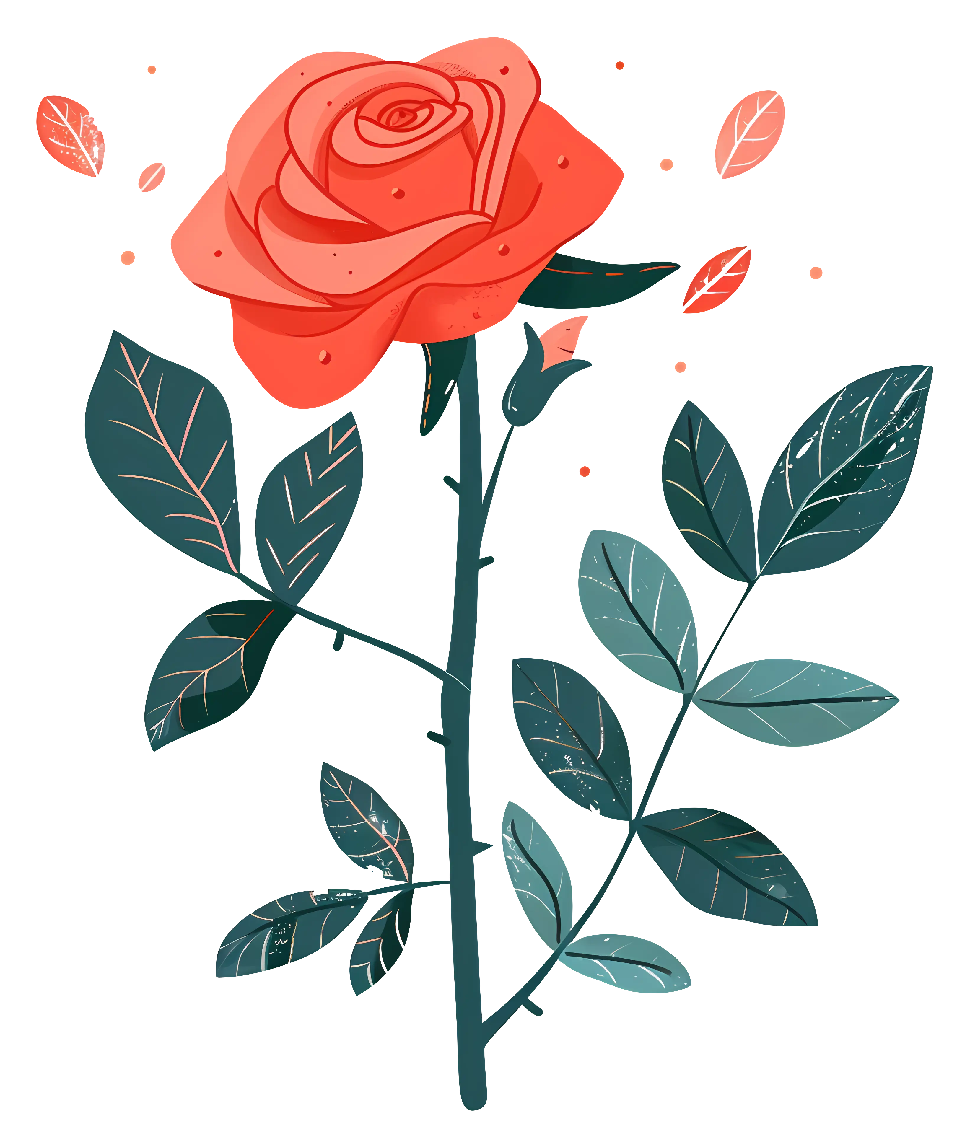 Red Rose Illustration with Leafy Stem