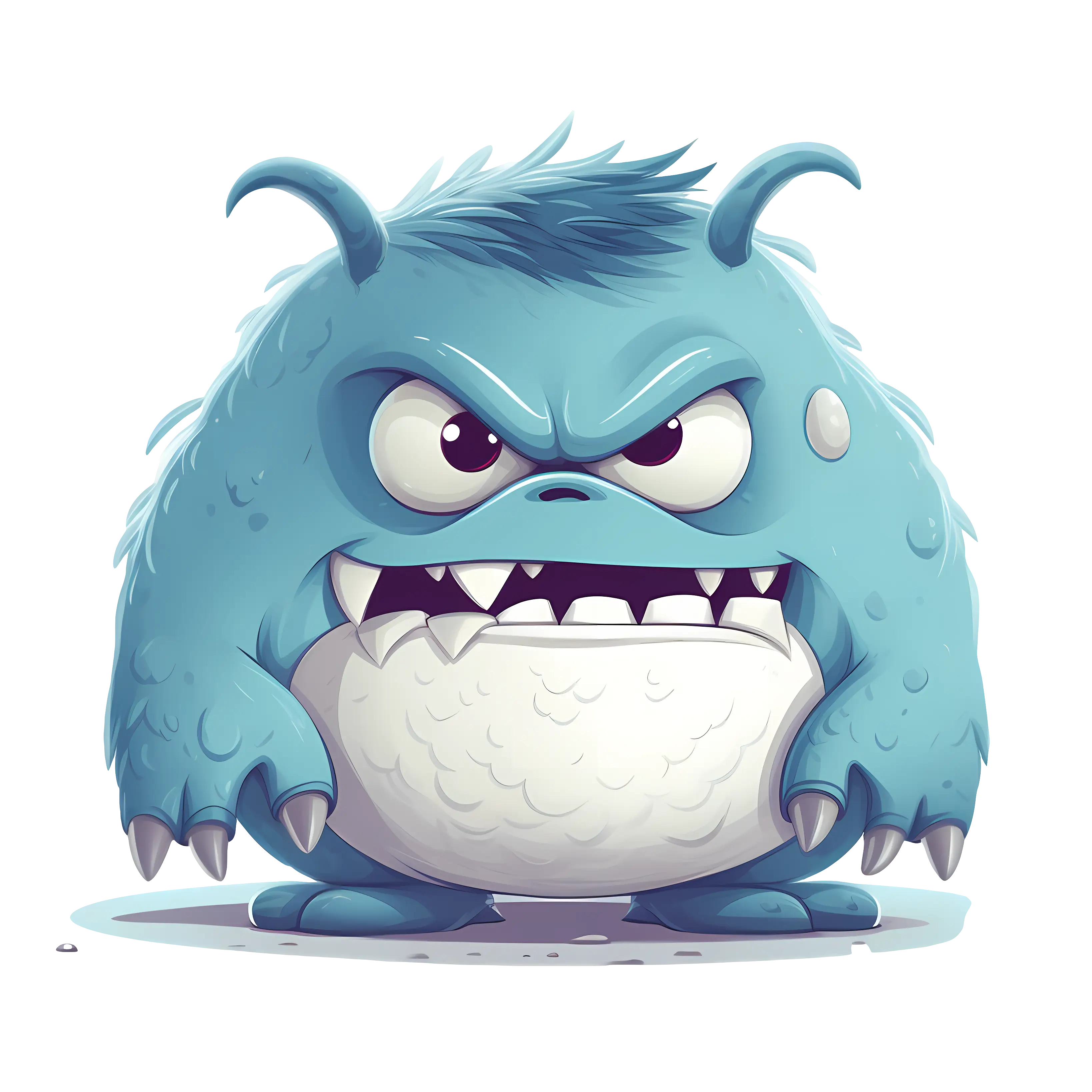 Blue Cartoon Monster with Horns and Angry Expression