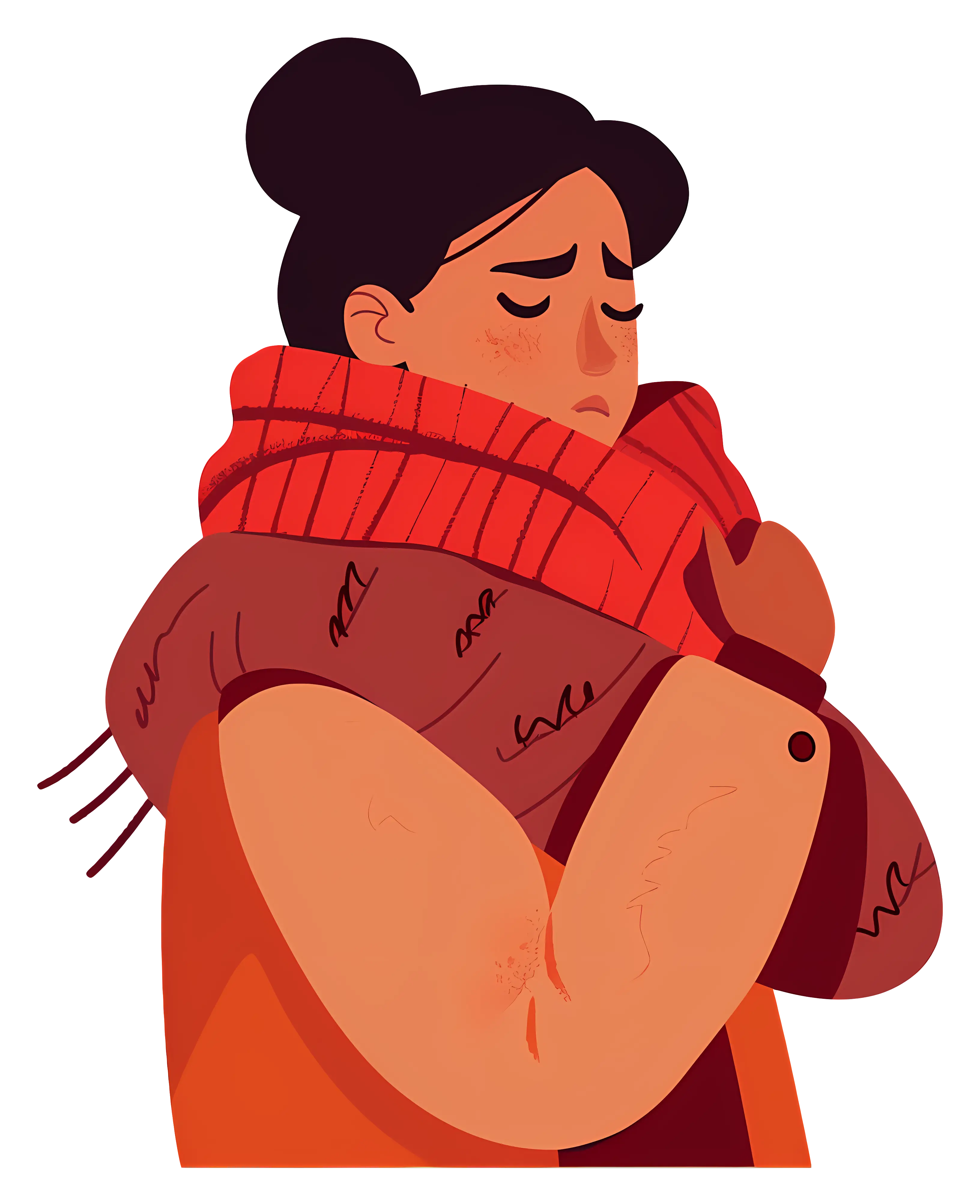 Shivering Woman with Red Scarf Illustration