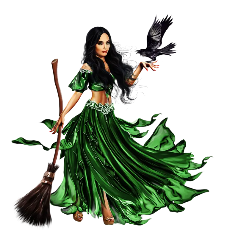 Green Witch with Broom and Raven