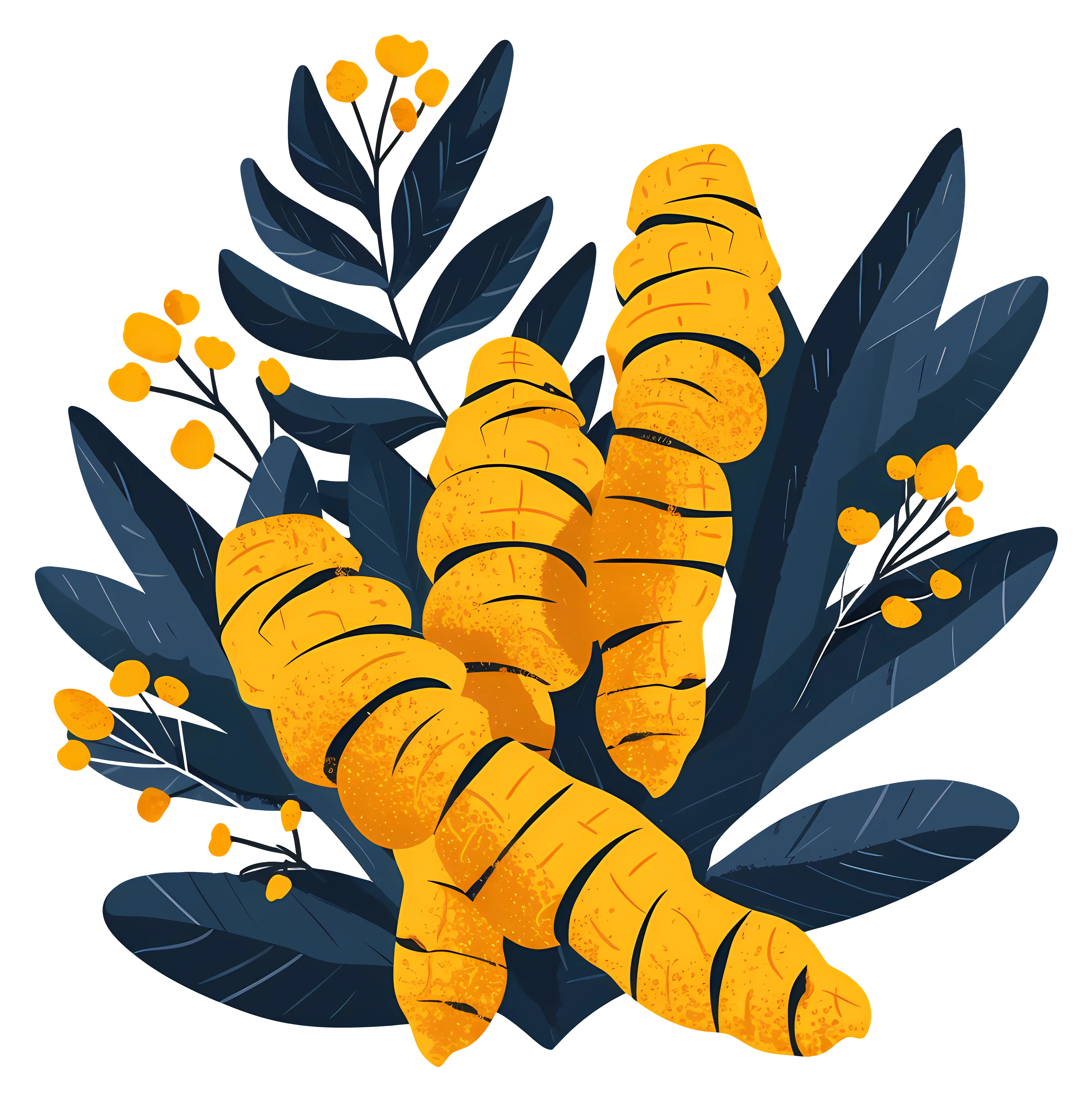 Turmeric Roots with Leaves Illustration