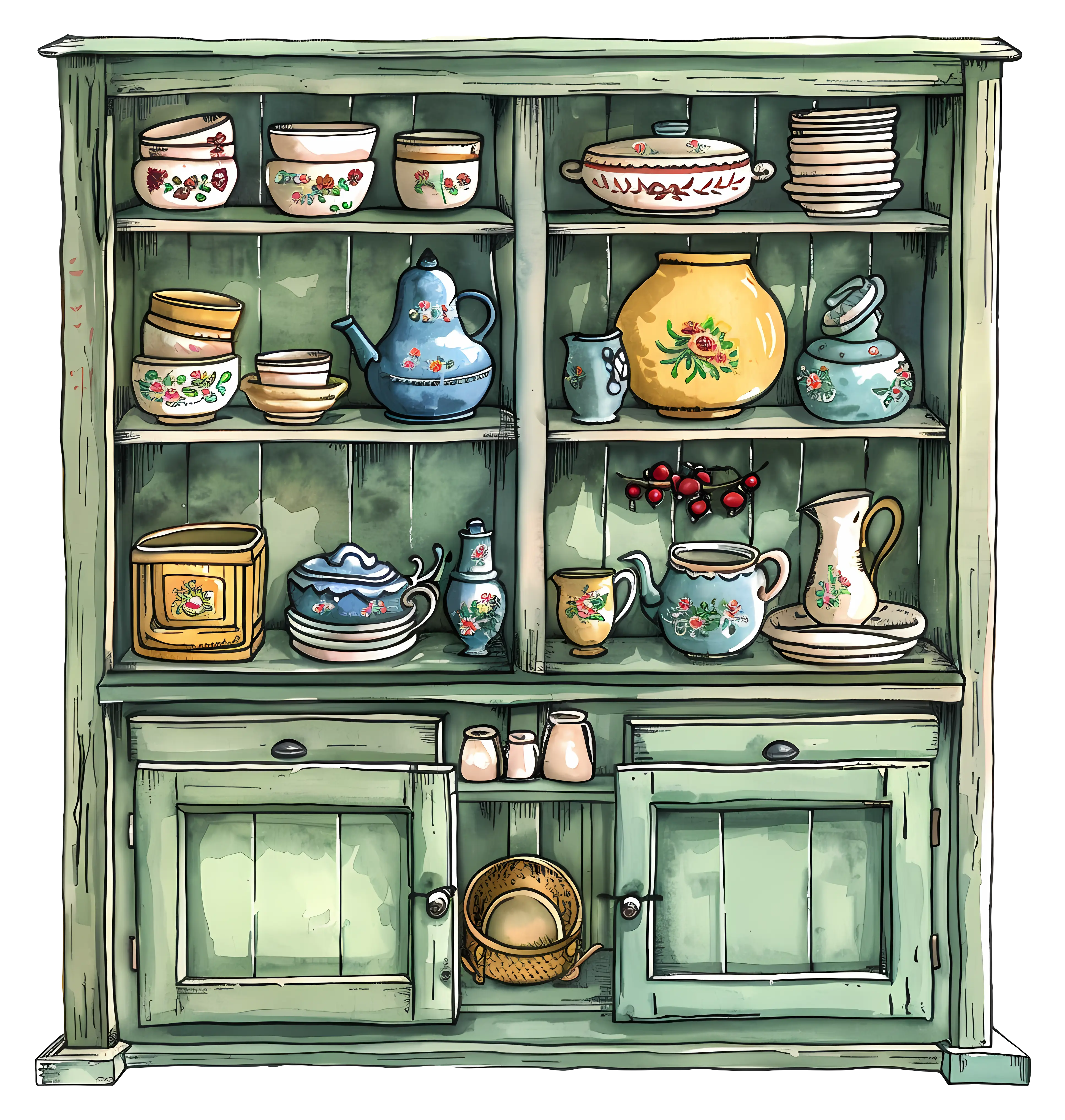 Vintage Kitchen Cabinet with Dishes