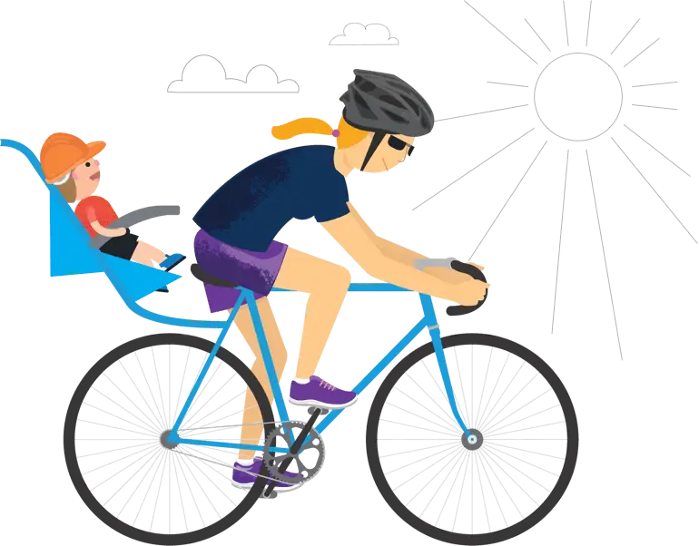 Woman Cycling with Child on Bike Seat