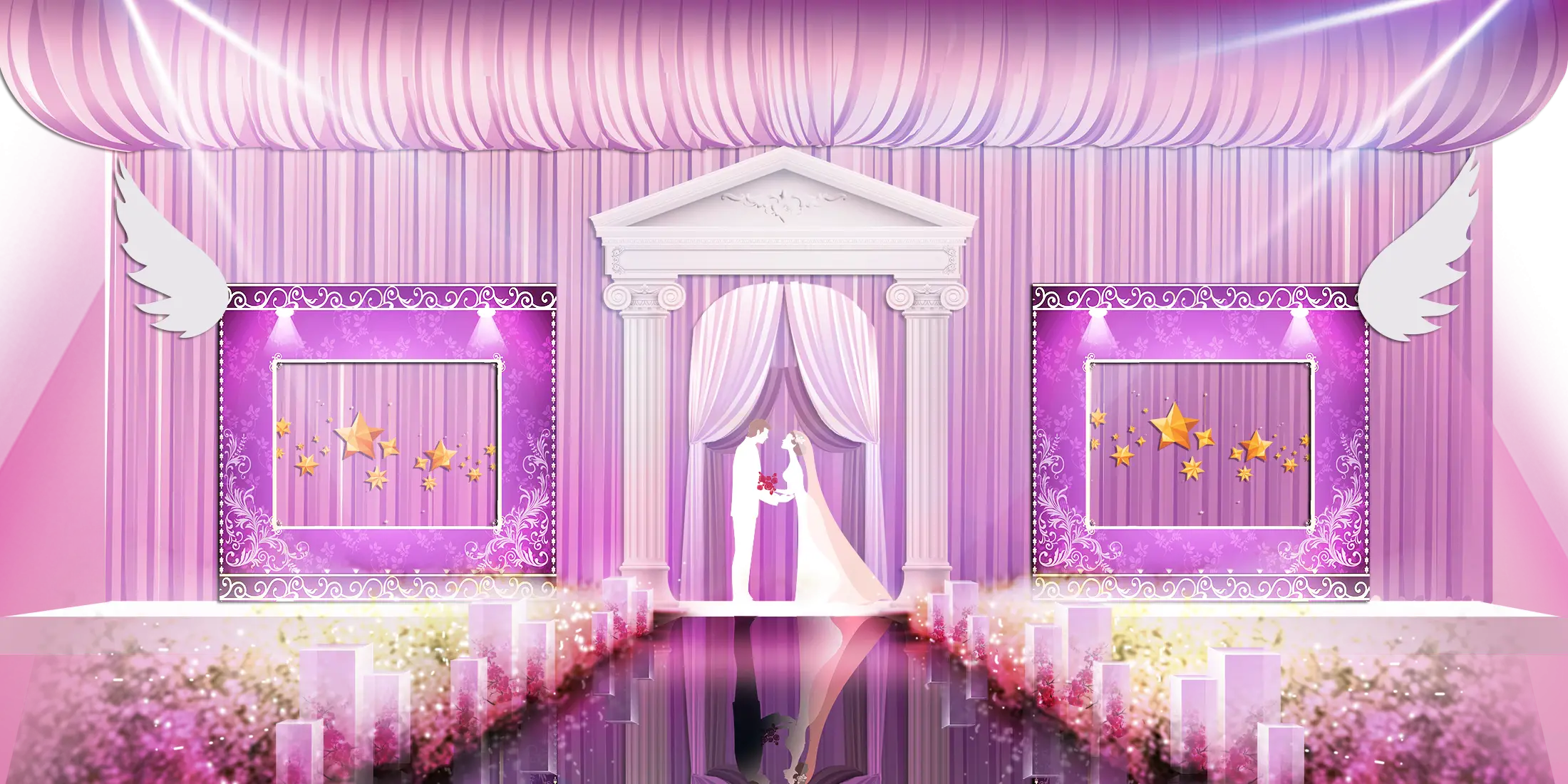 Lavish Purple Wedding Stage with Bride and Groom