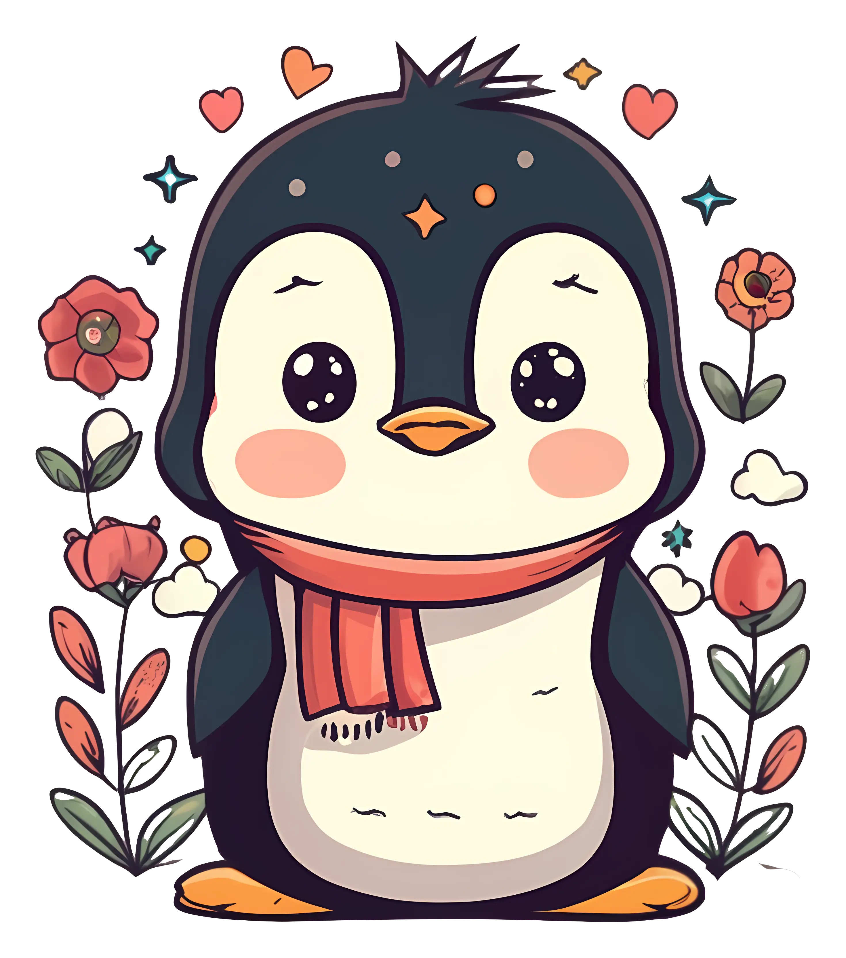 Cute Penguin with Scarf and Flowers