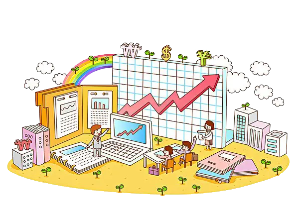Business Growth Illustration with Graphs and Office Setup