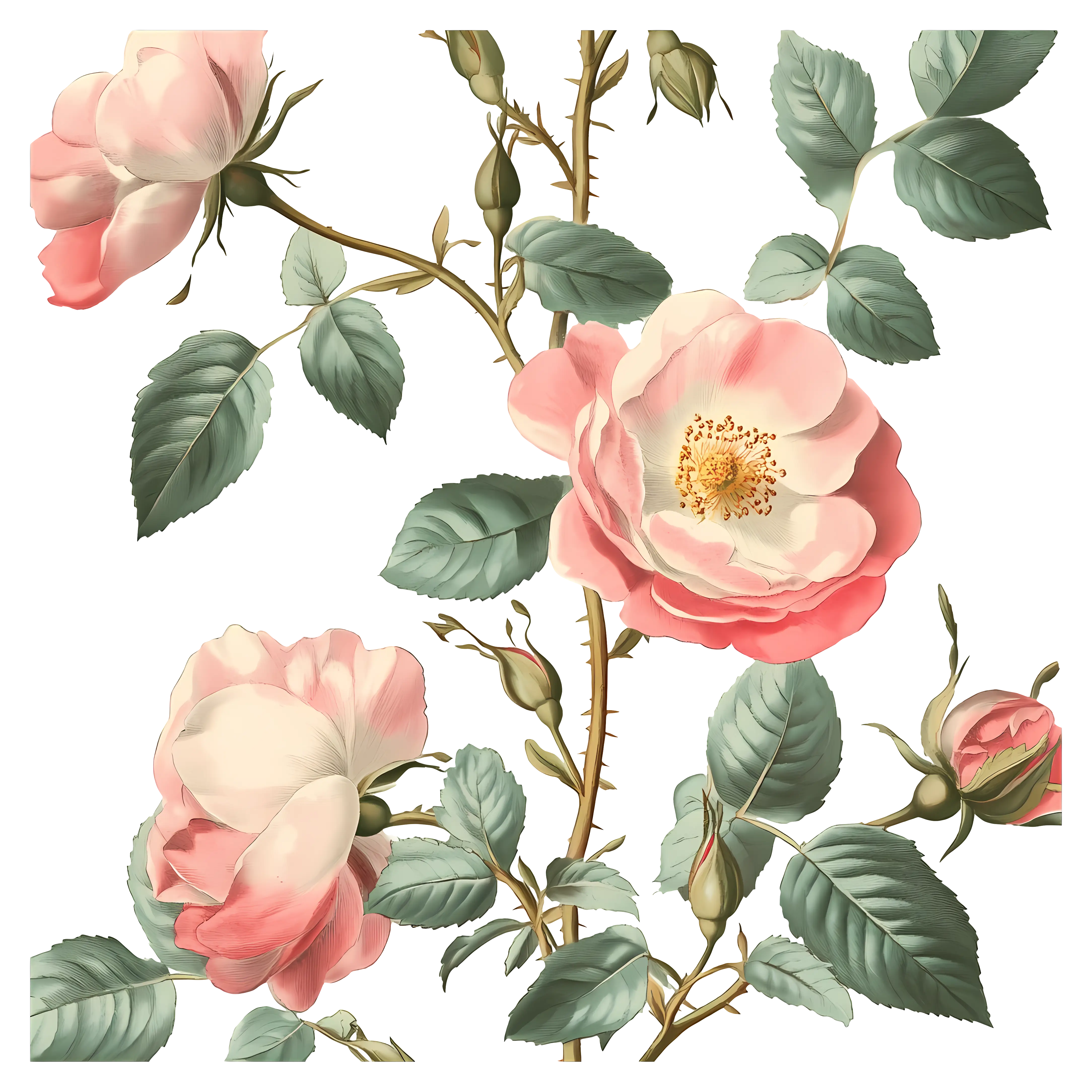 Vintage Pink Rose Botanical Illustration