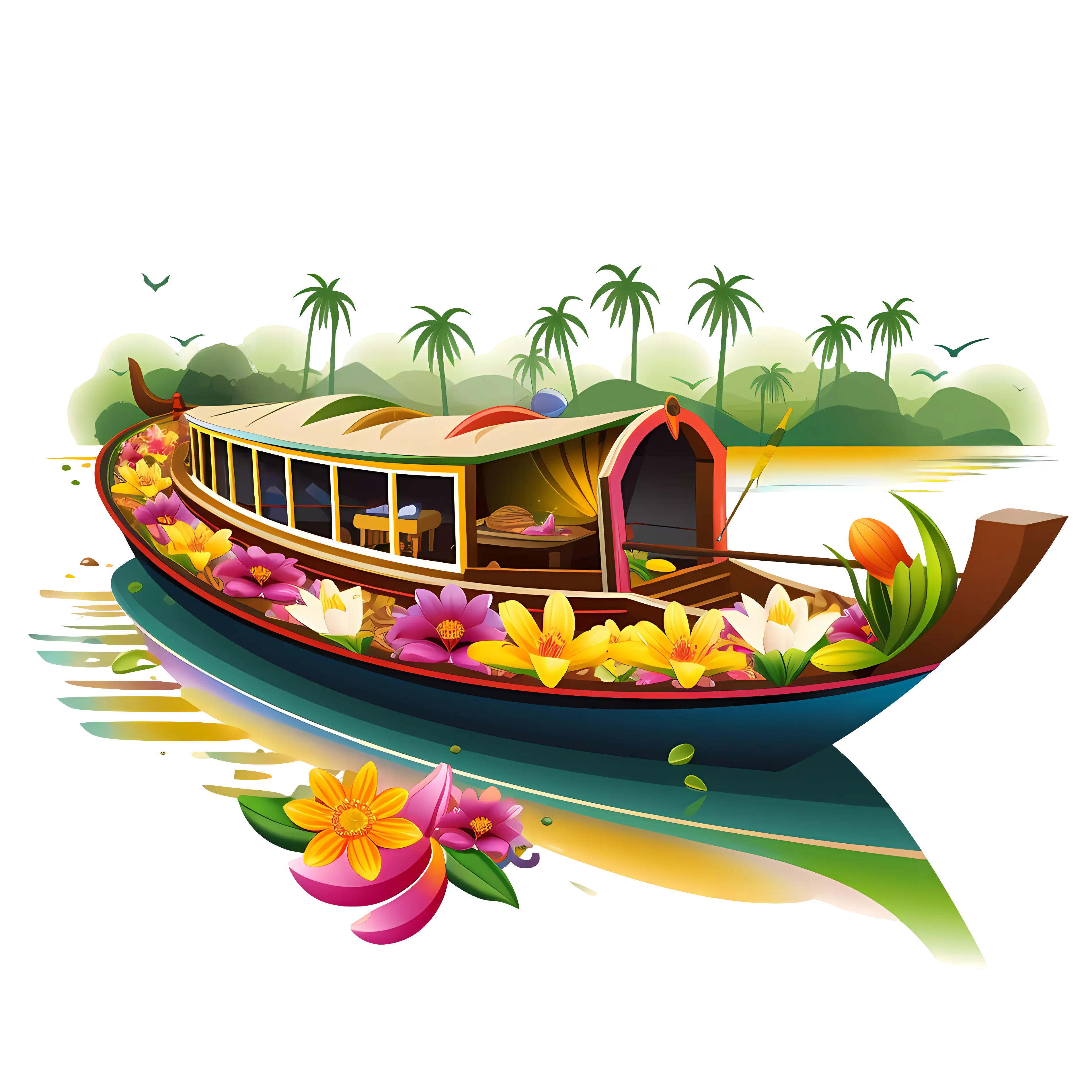 Houseboat Covered with Brilliant Flowers on Scenic Lake