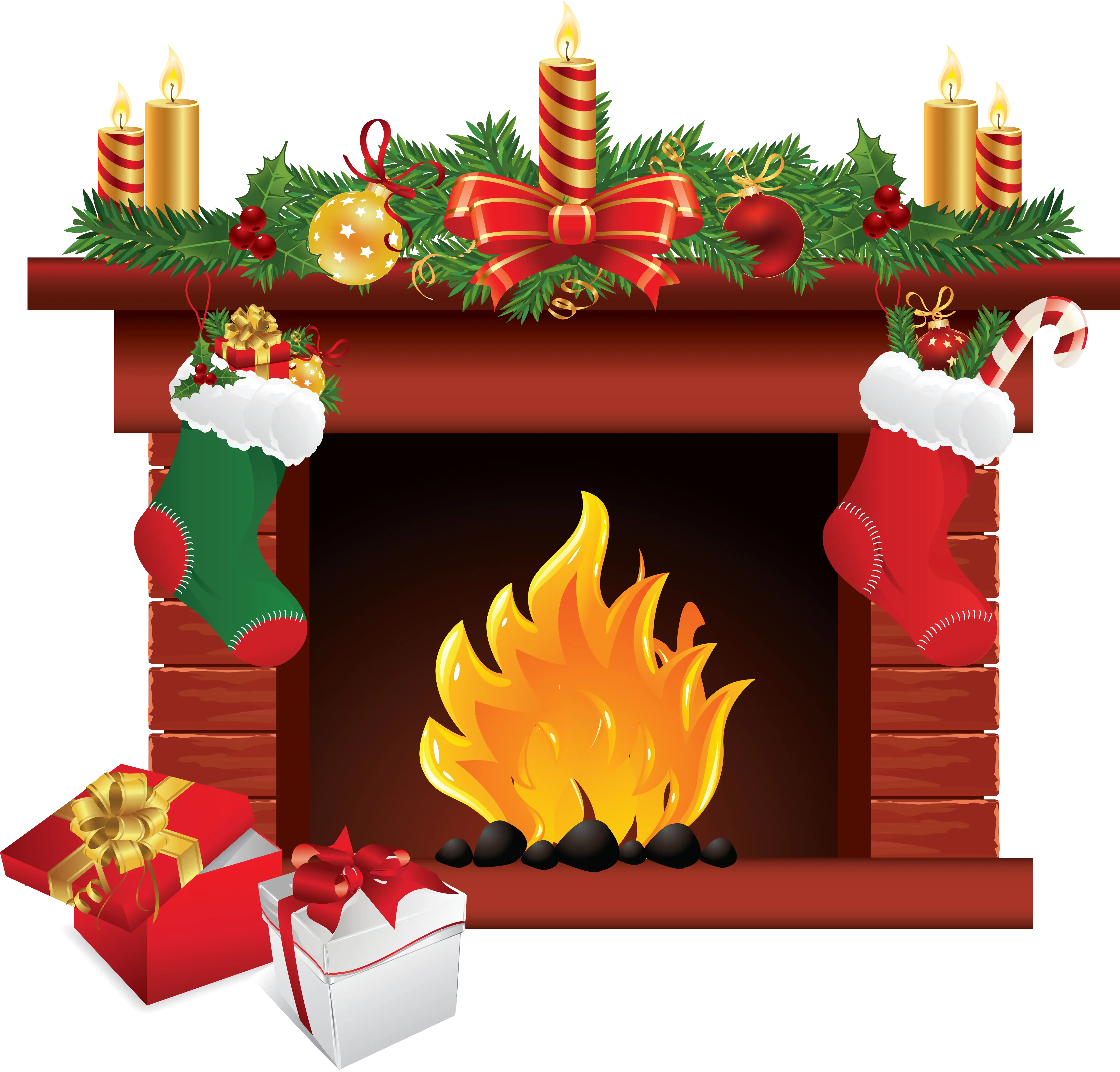 Festive Christmas Fireplace with Stockings and Gifts