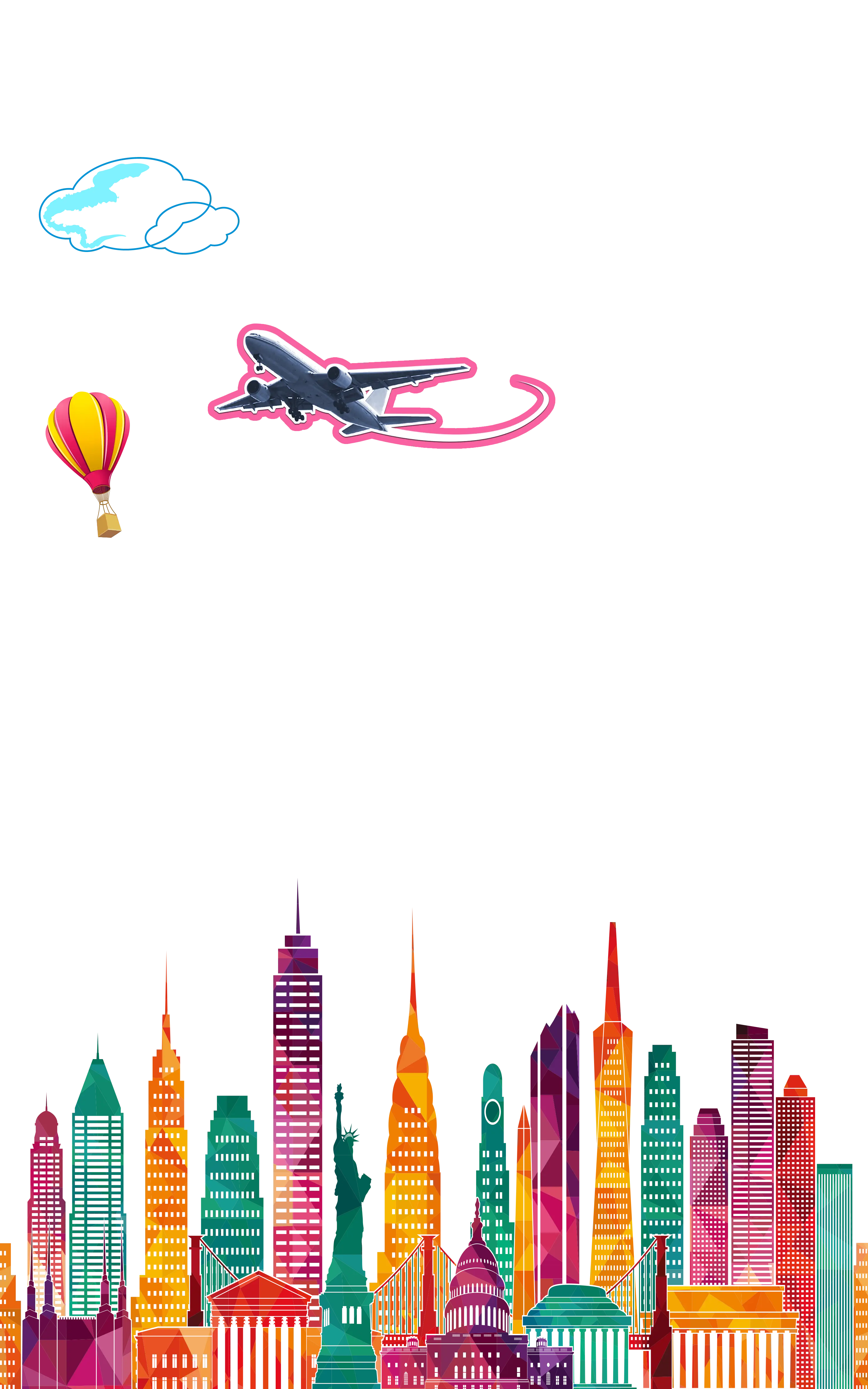 Colorful City Skyline with Airplane