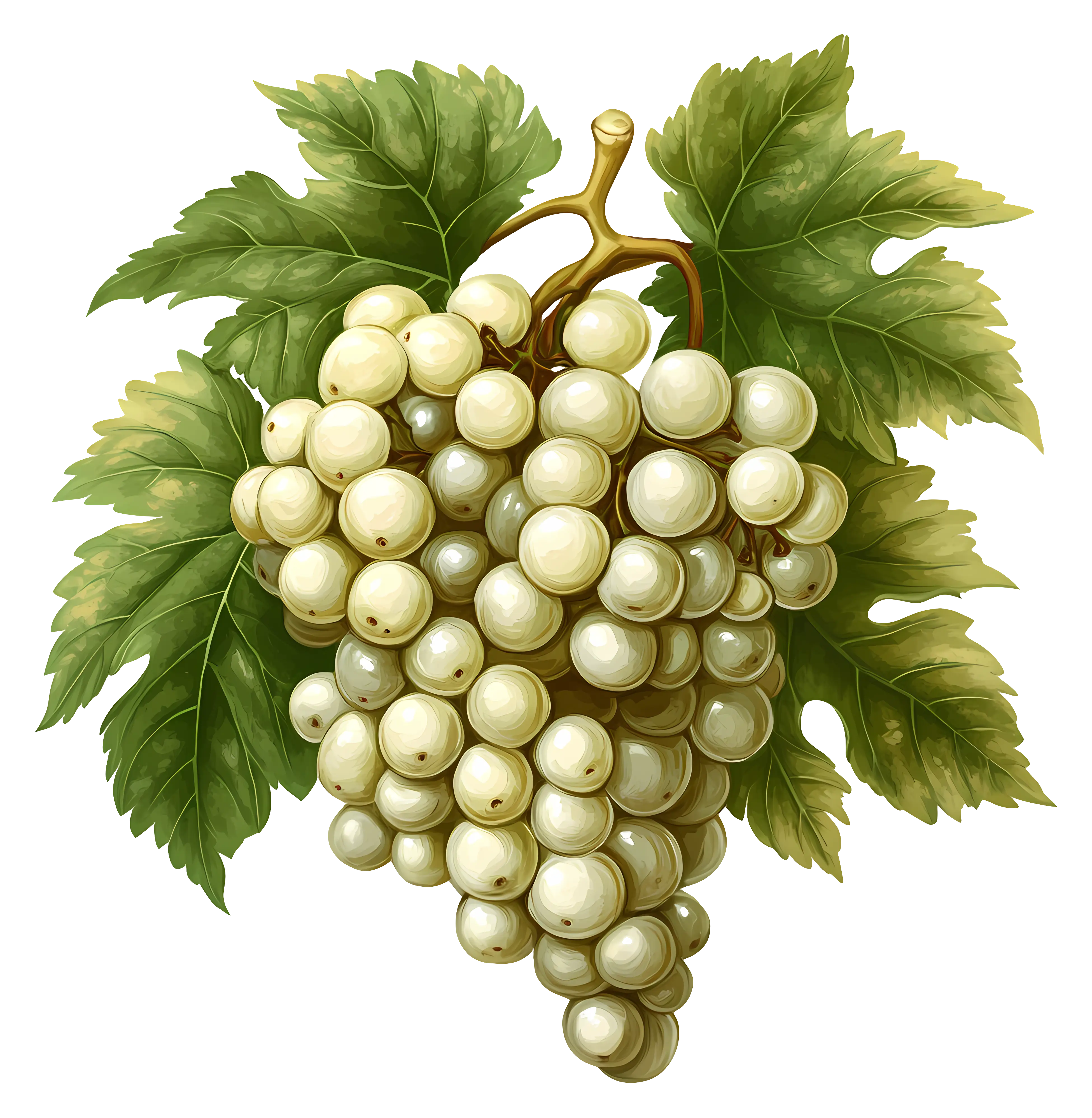 Cluster of White Grapes with Green Leaves