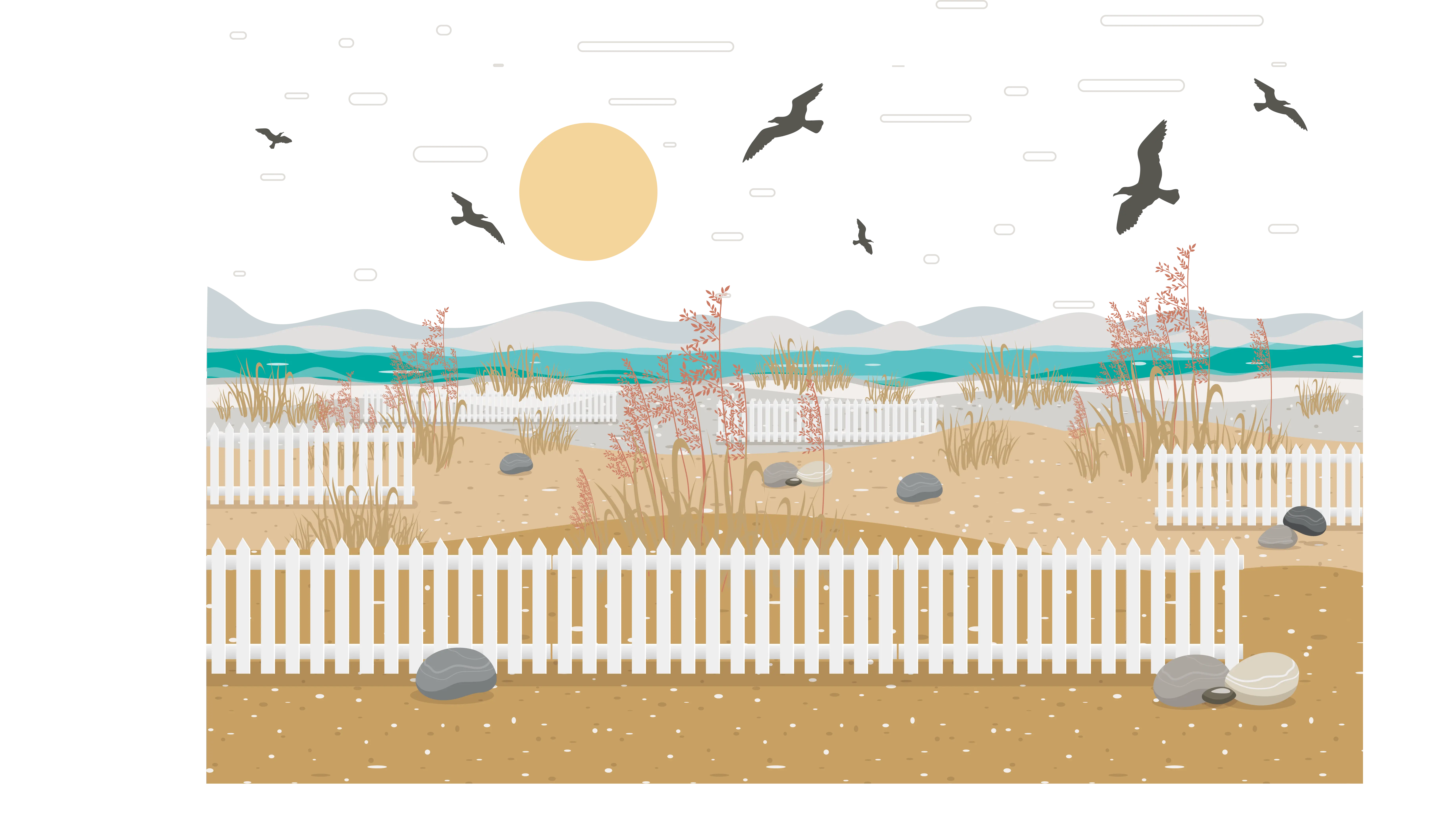 Serene Beach Scene with Fence and Seagulls