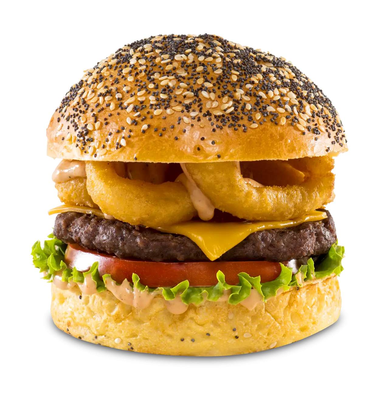 Cheeseburger with Onion Rings and Sesame Bun