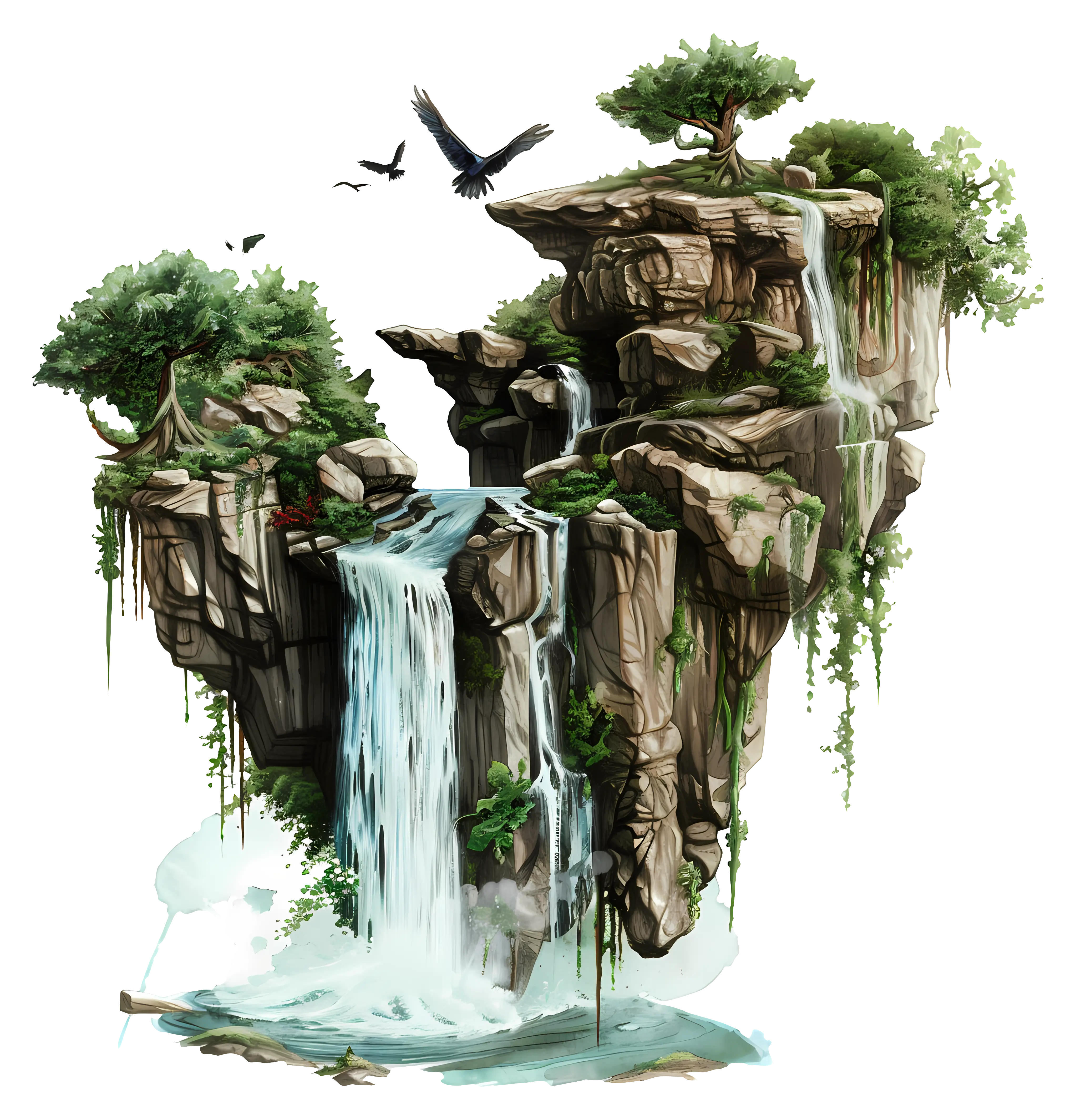 Fantasy Floating Island with Waterfalls and Lush Trees
