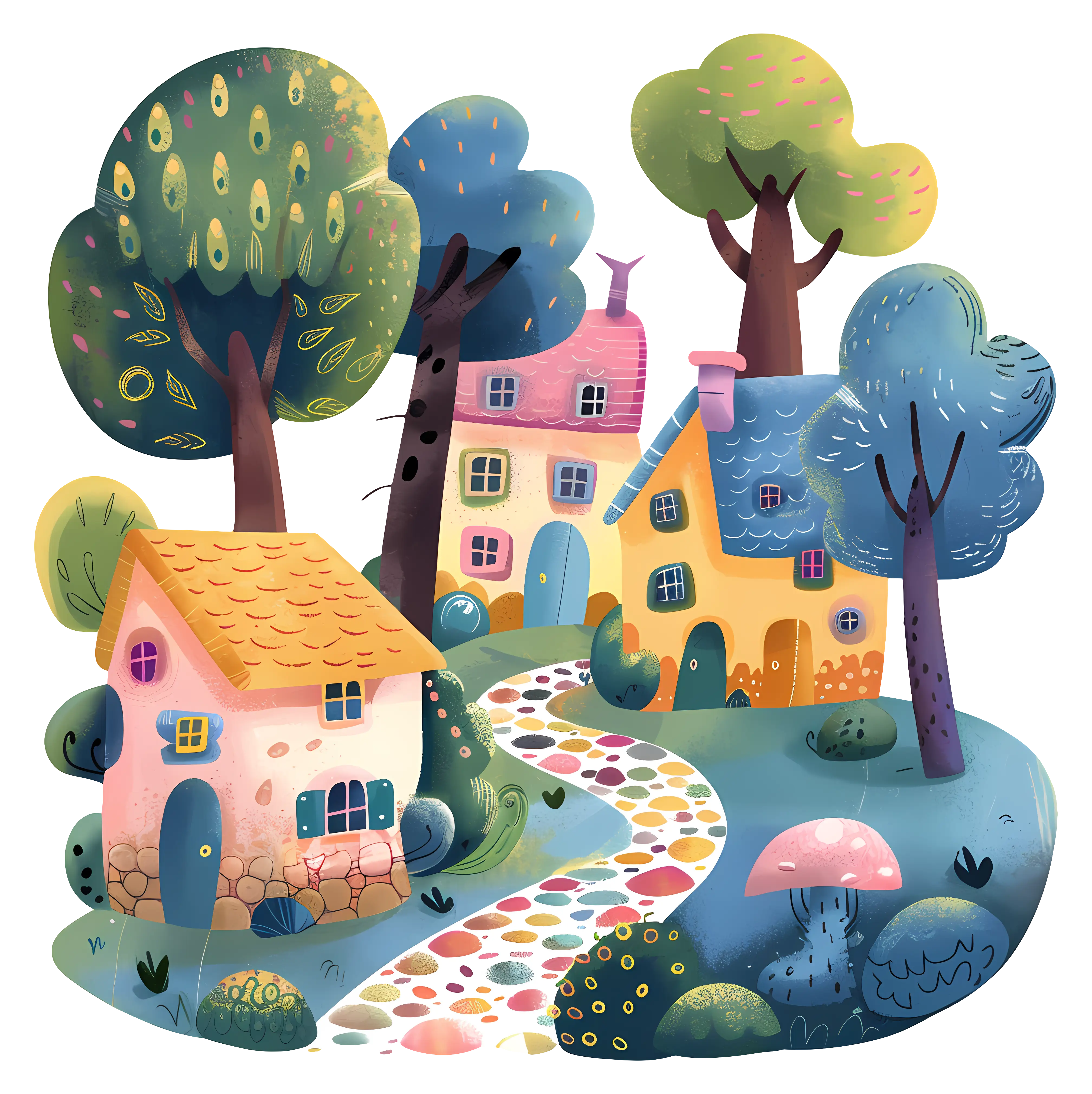 Whimsical Fairy Tale Village with Colorful Cottages
