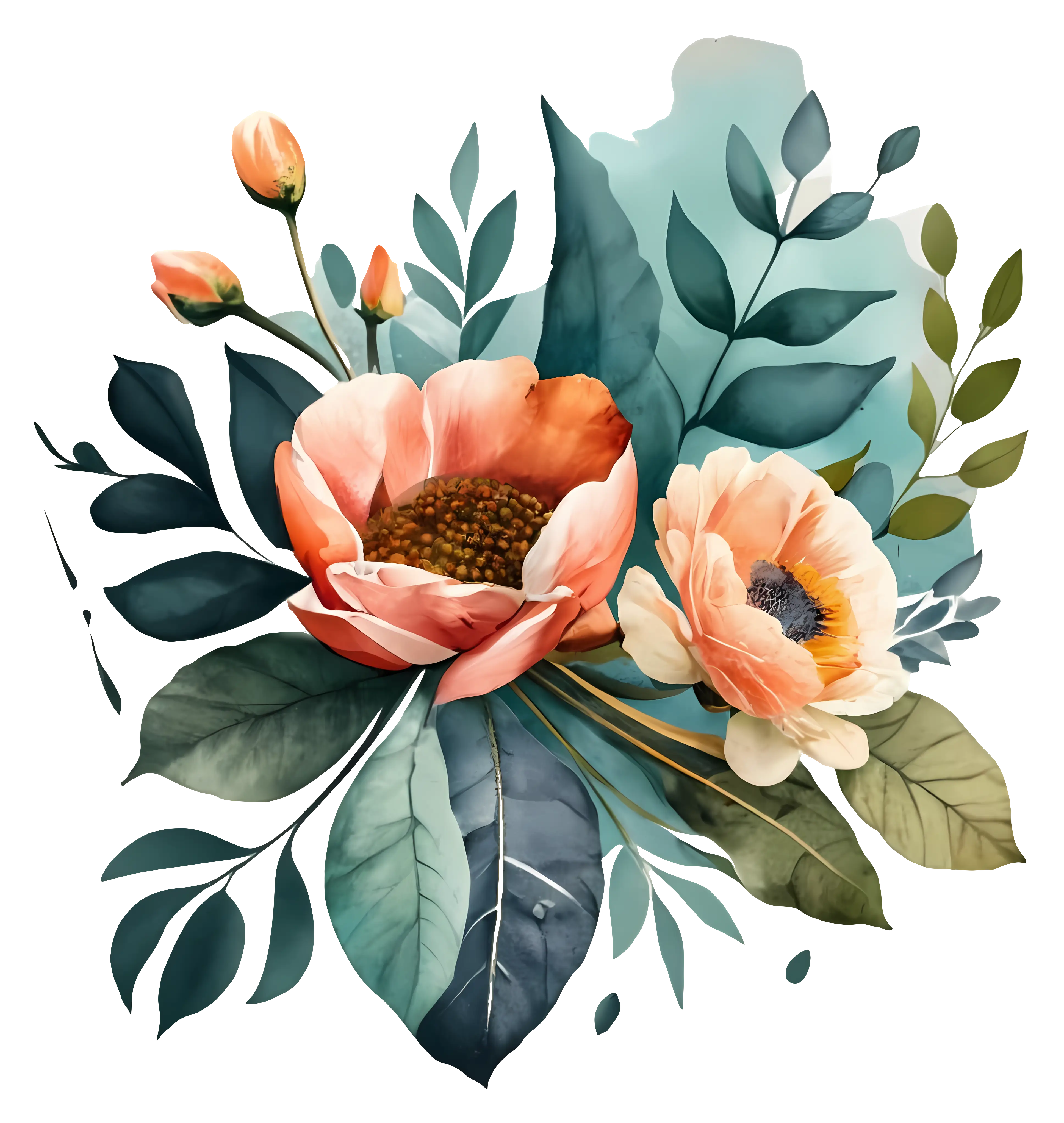 Watercolor Floral Bouquet Art with Leaves