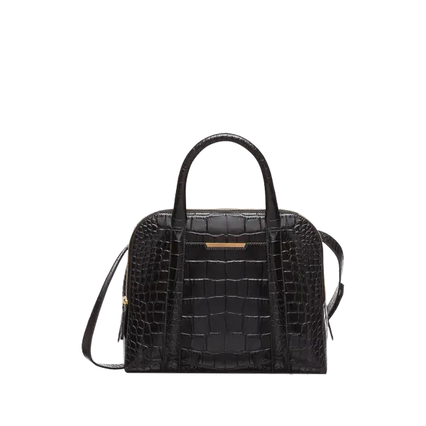 Black Leather Handbag with Crocodile Texture