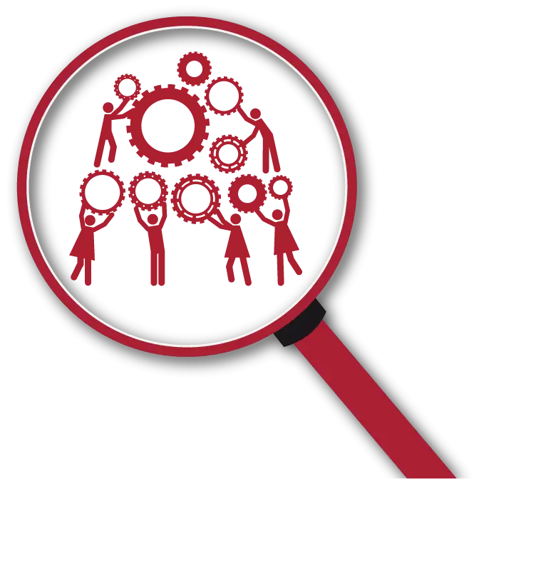 Teamwork and Collaboration Concept with Magnifying Glass and Gears