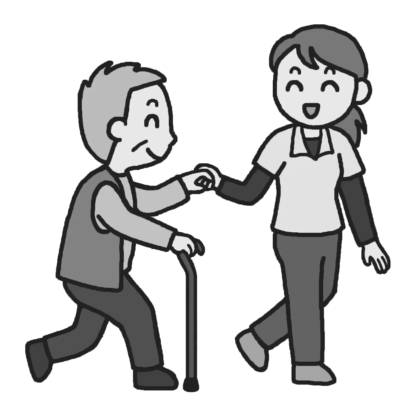 Elderly Man Walking with Cane and Assistance