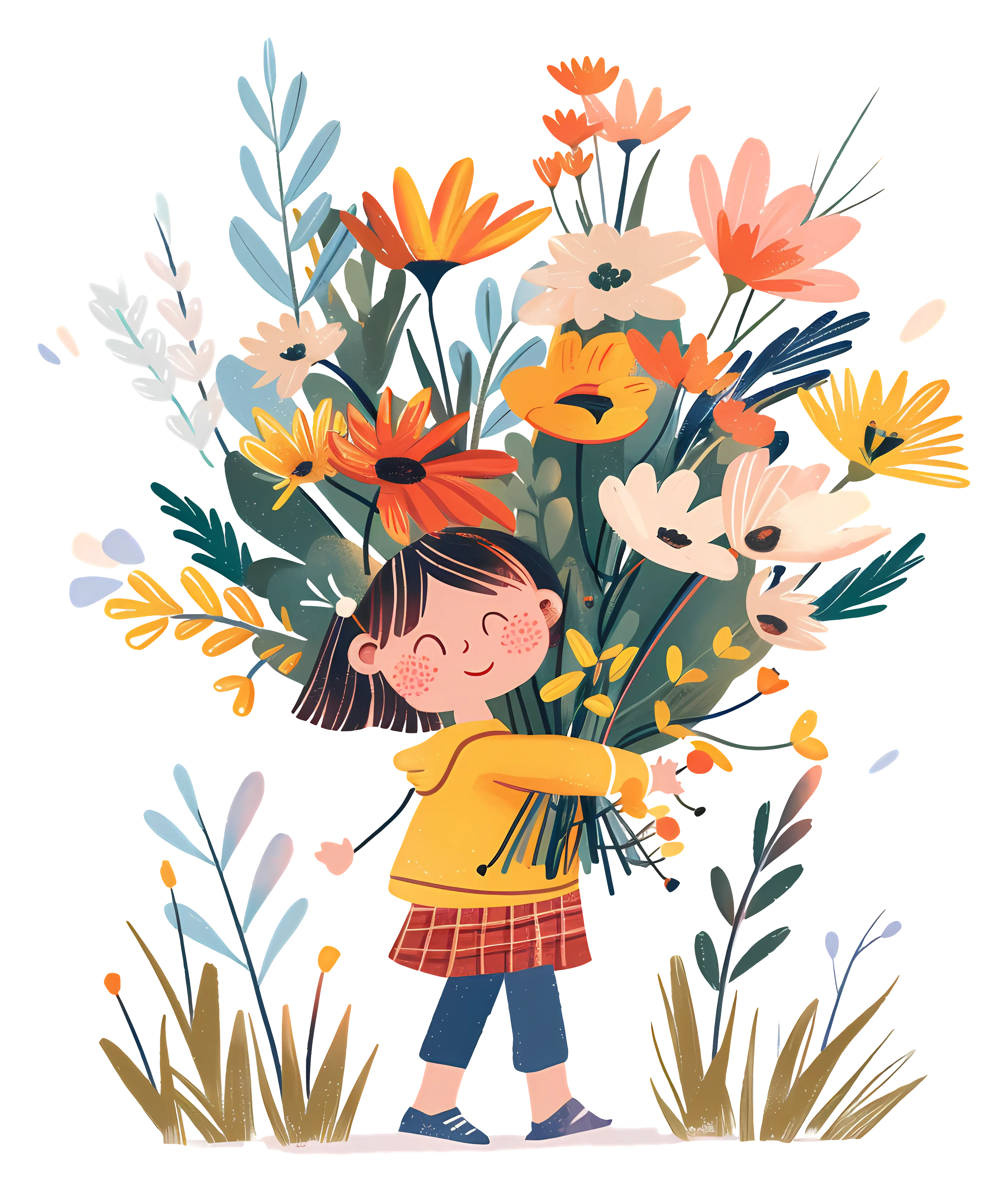Happy Girl with Colorful Flowers
