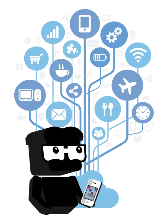 Cartoon Character with Technology Icons