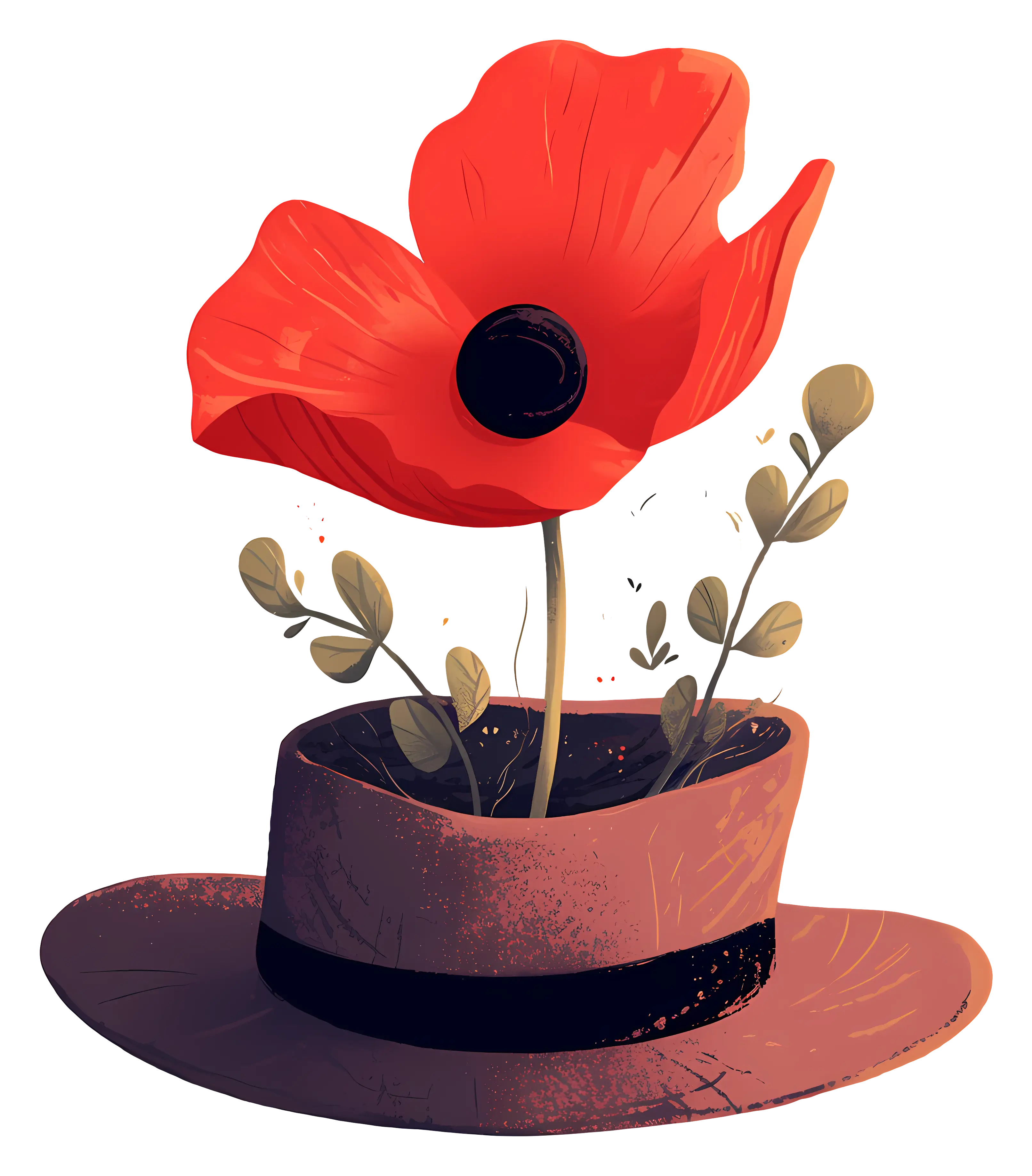 Red Flower Growing in Hat