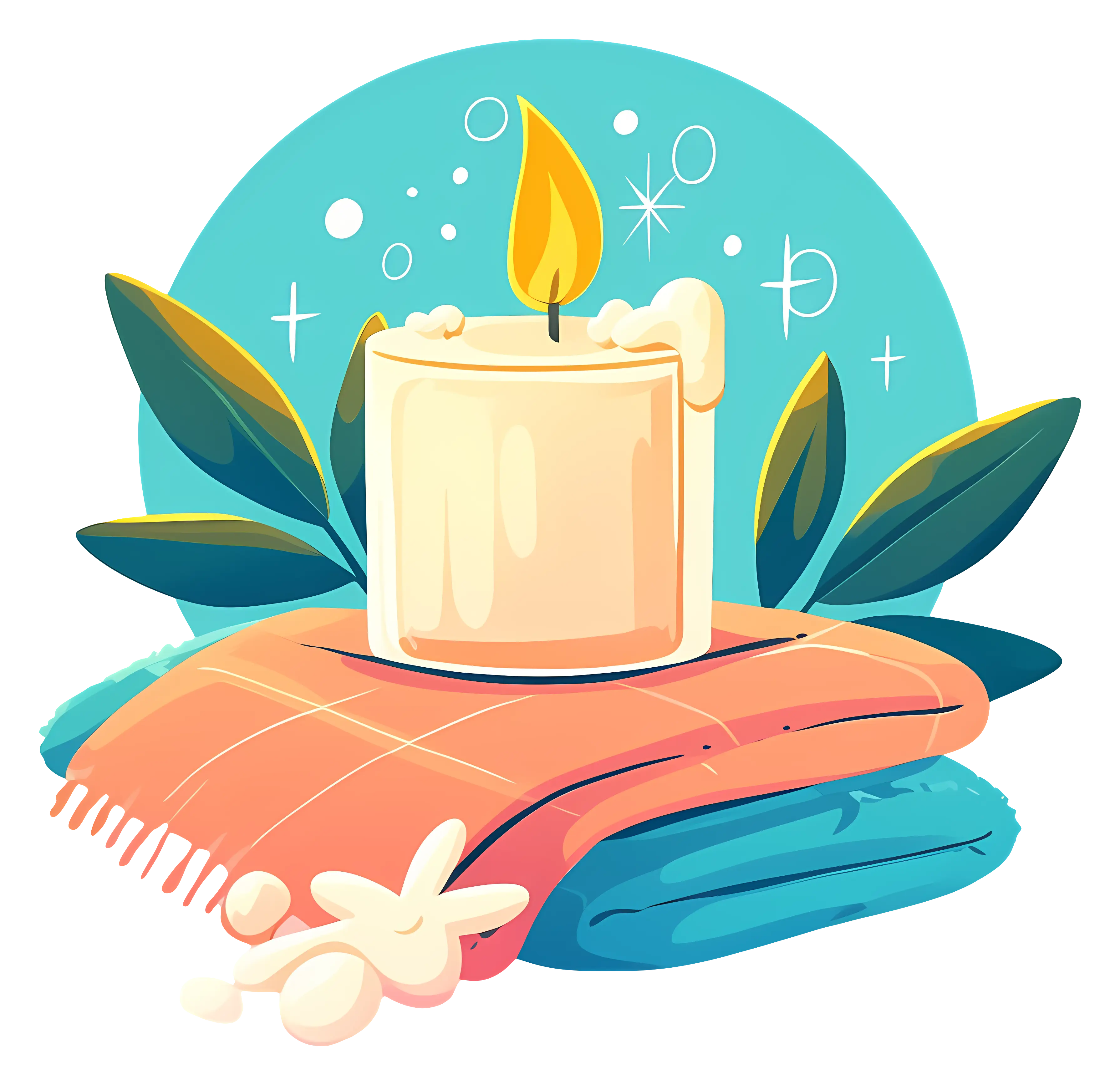 Candle on Towels with Leaves