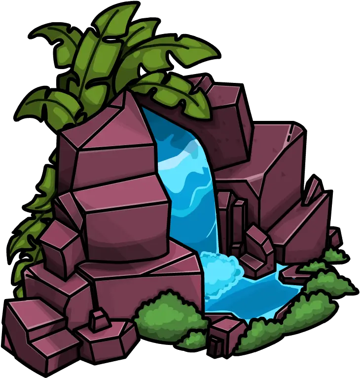Cartoon Waterfall Scene with Rocks and Plants