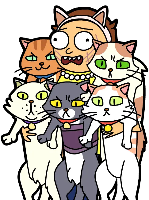 Cartoon Character Holding Multiple Cats