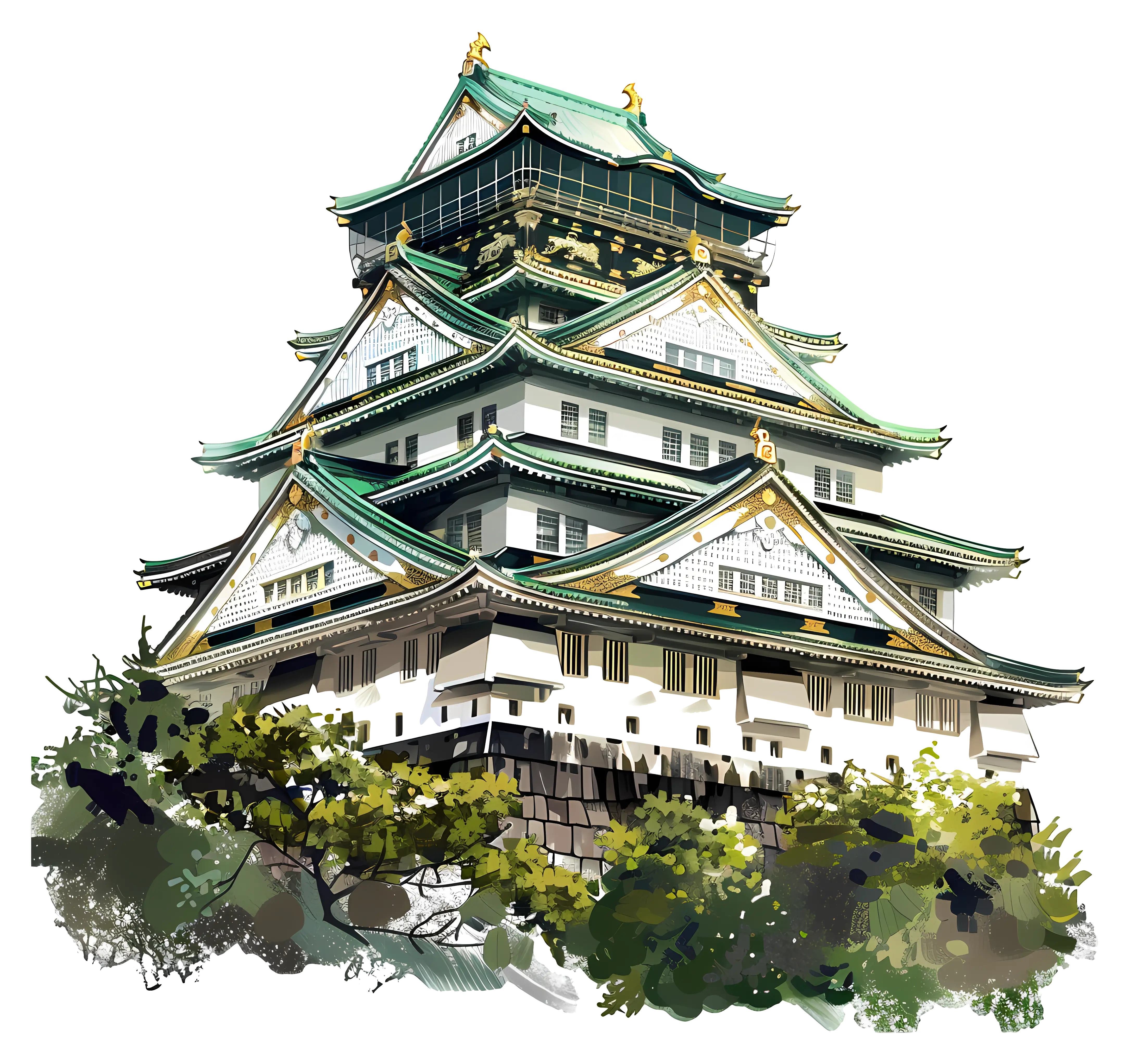 Illustrated Japanese Castle with Trees