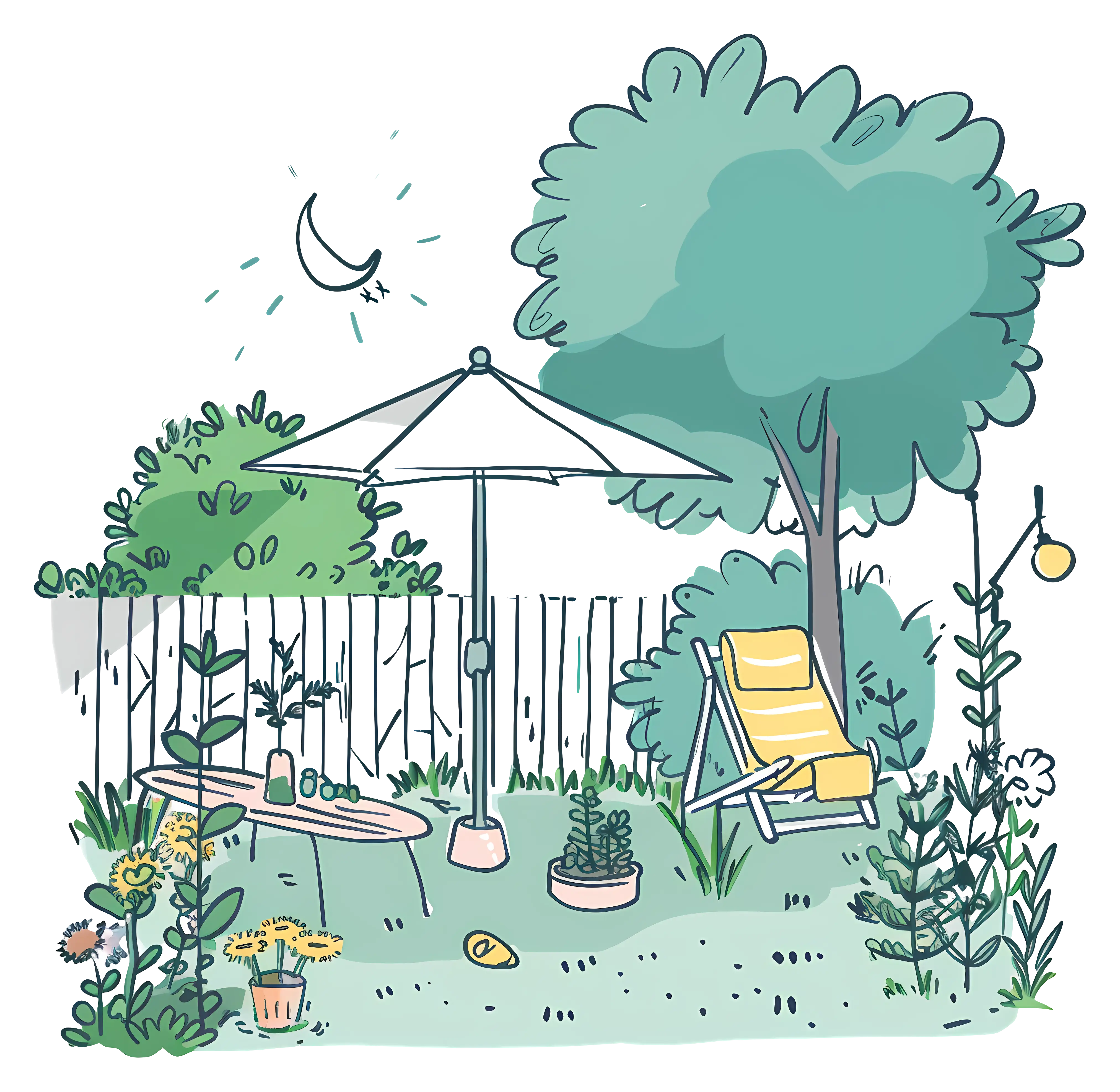 Cozy Garden with Chair and Umbrella