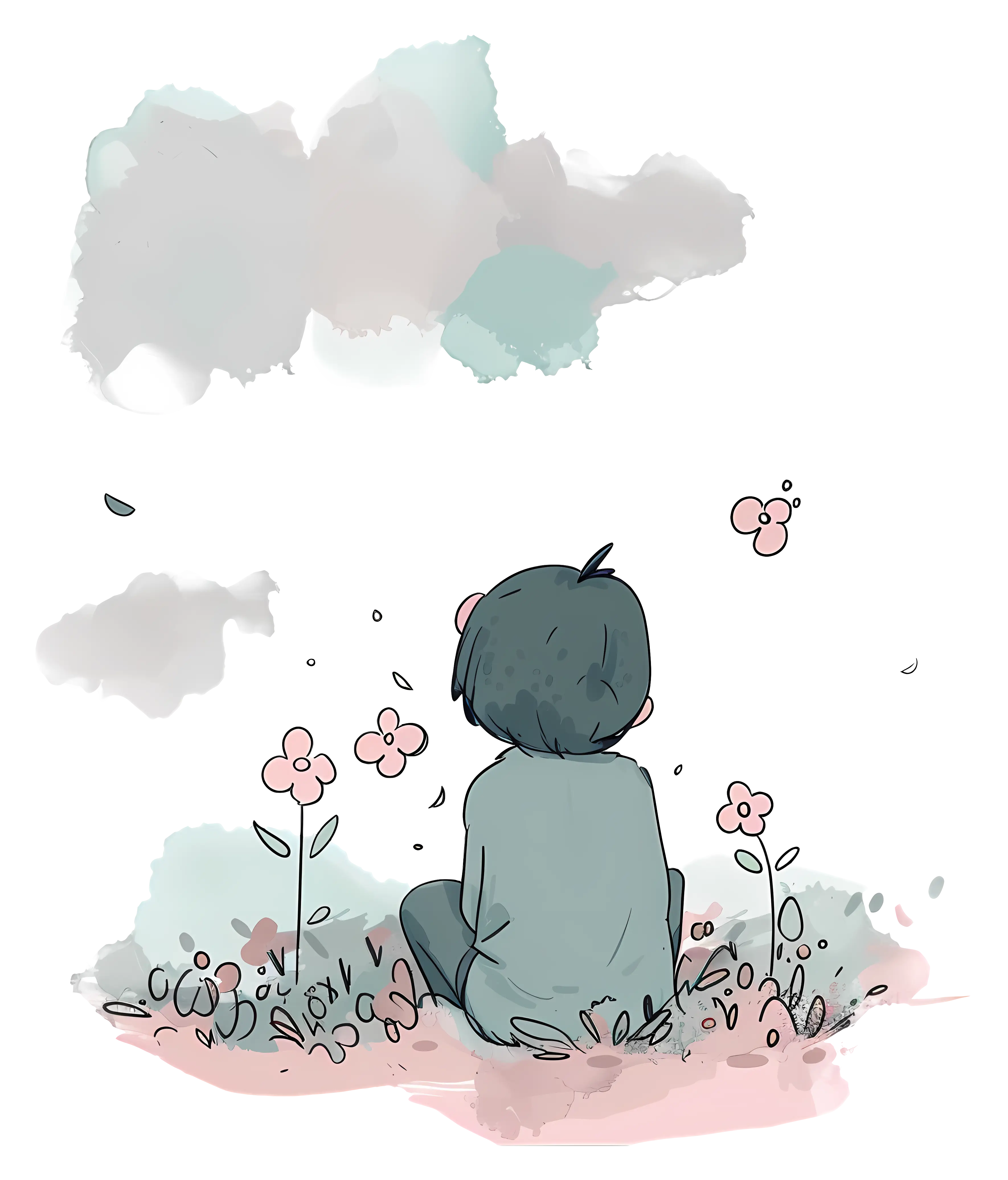 Boy Sitting with Flowers