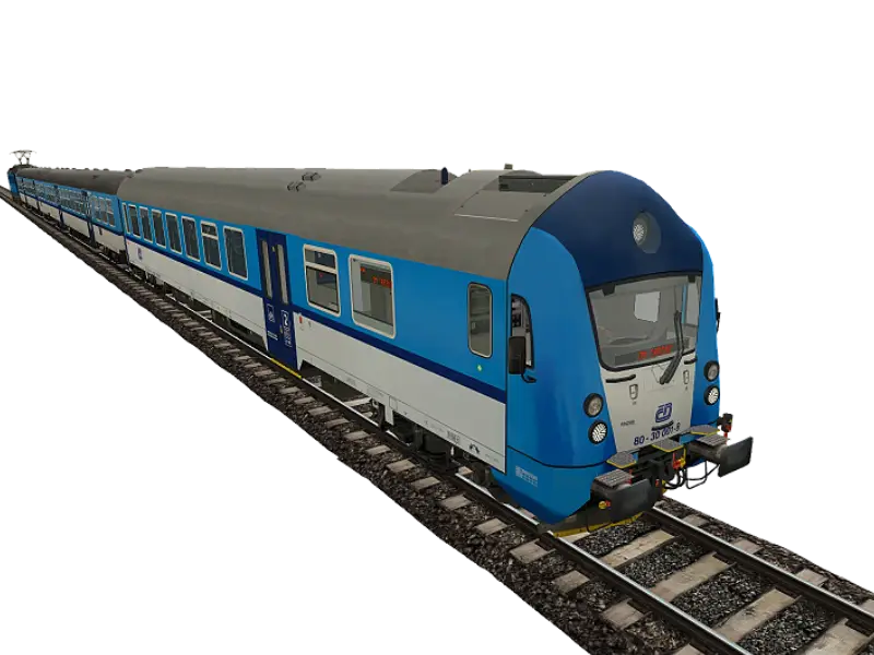 Blue and White Train on Tracks