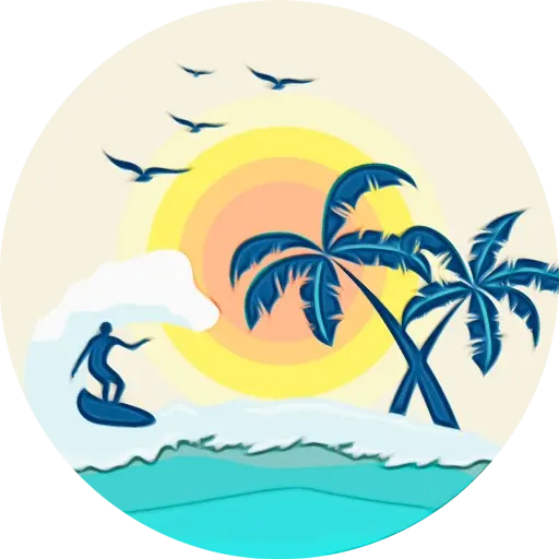 Tropical Beach Illustration with Surfer and Sunset