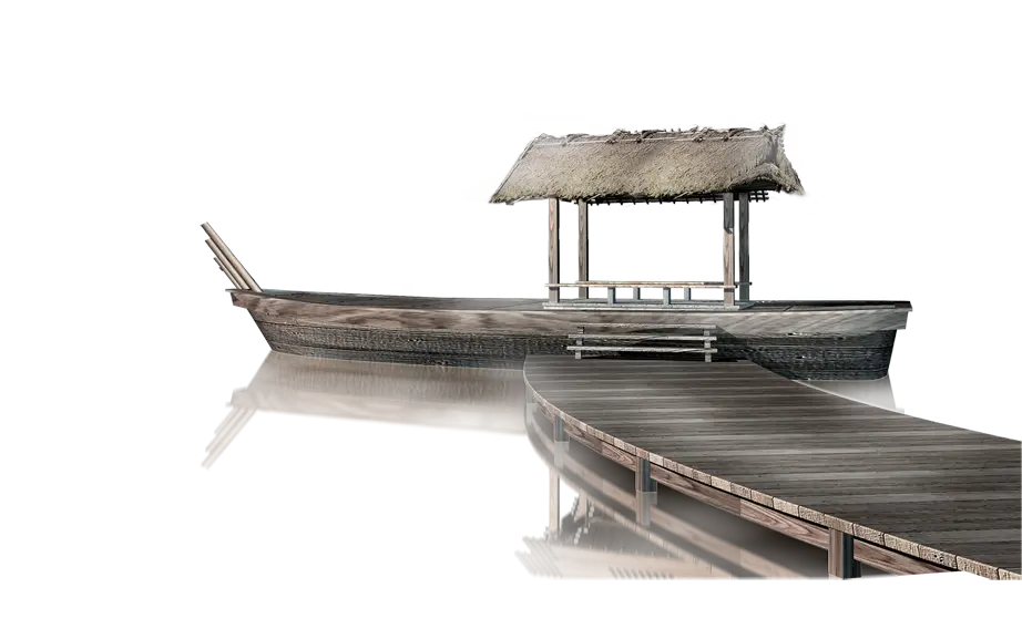 Rustic Wooden Boat and Pier on Calm Water