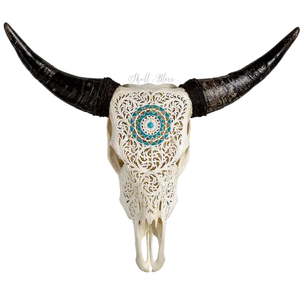 Intricately Carved Bull Skull with Horns