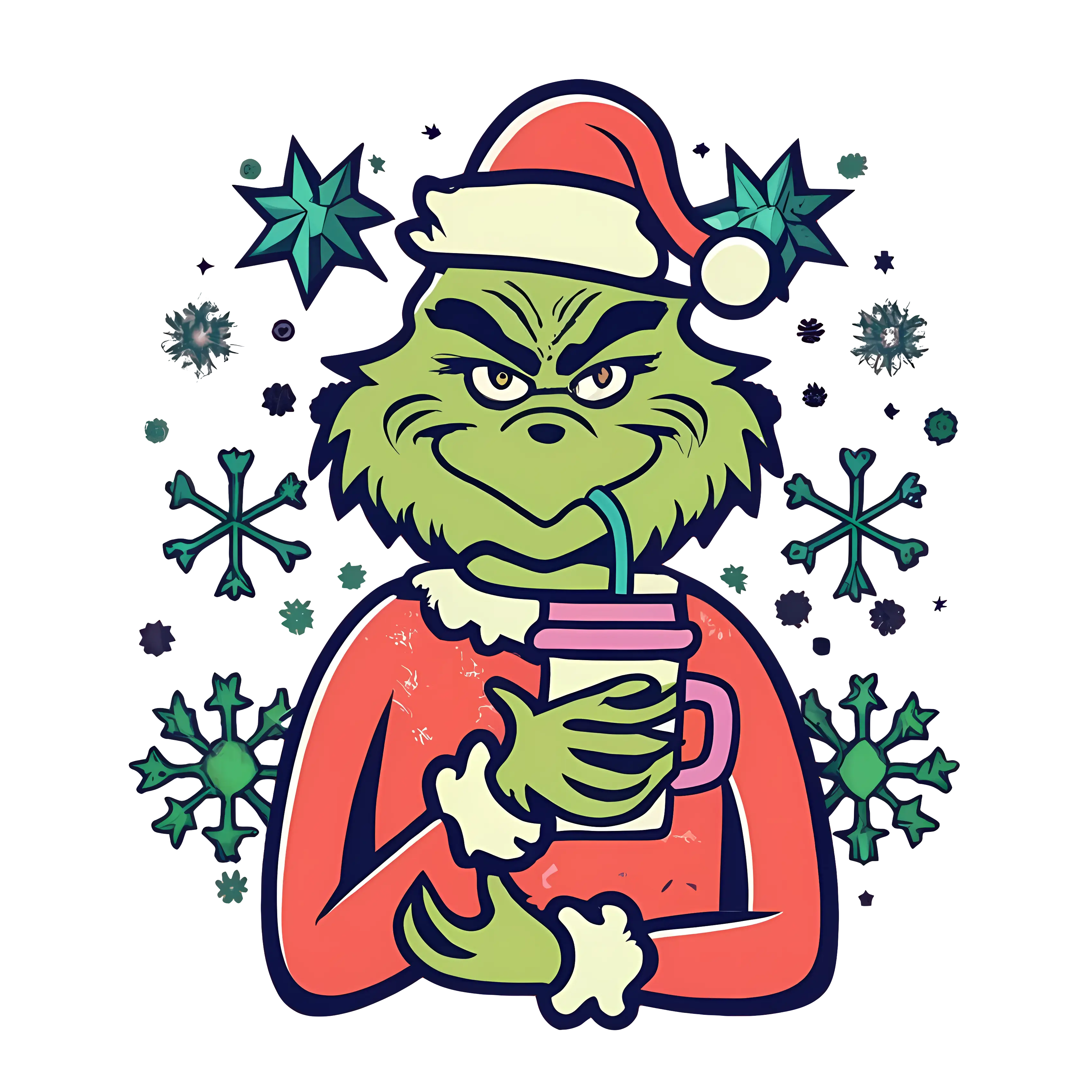 Grinch with Hot Drink and Snowflakes