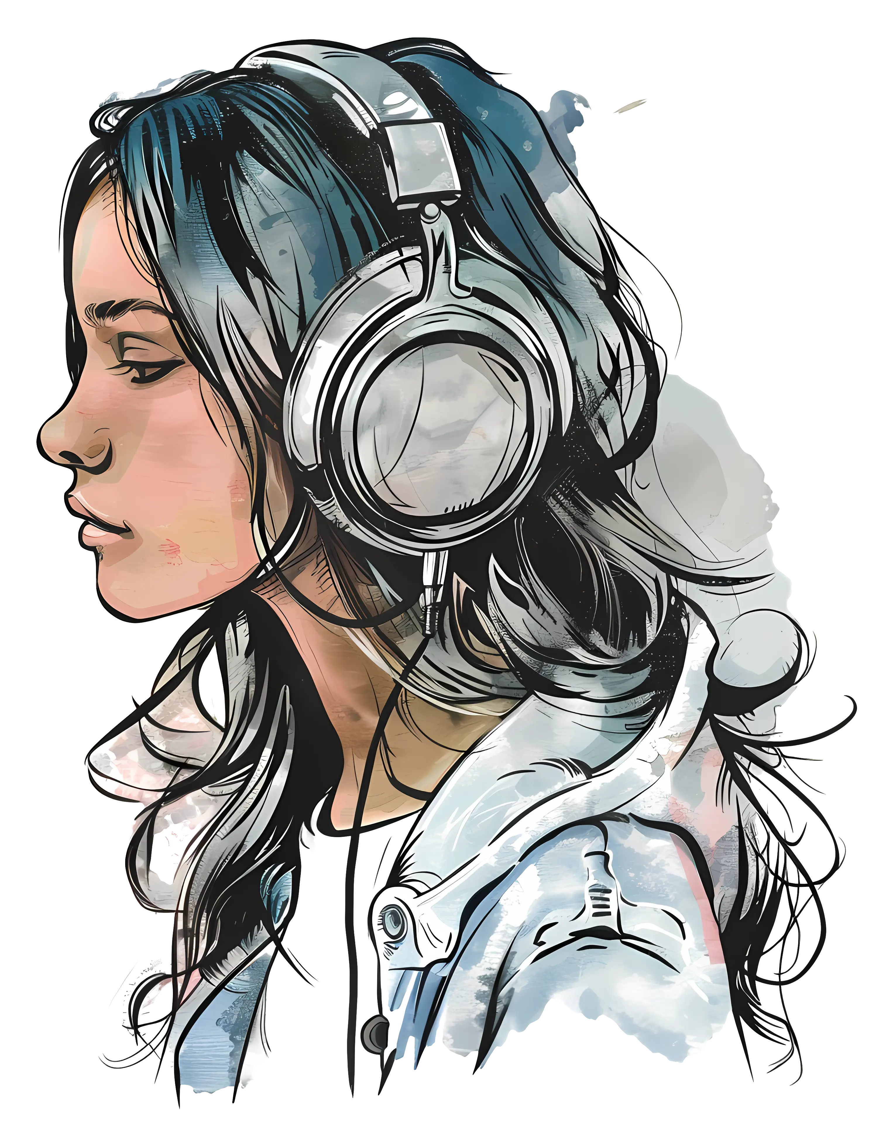 Girl with Headphones Listening to Music