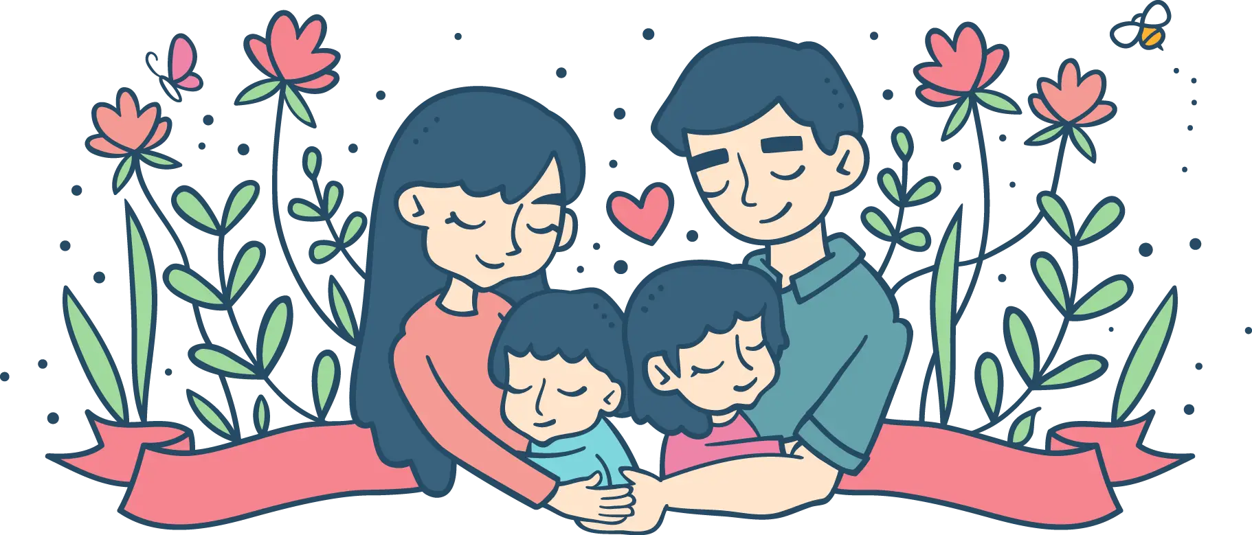 Cartoon Family with Flowers and Heart