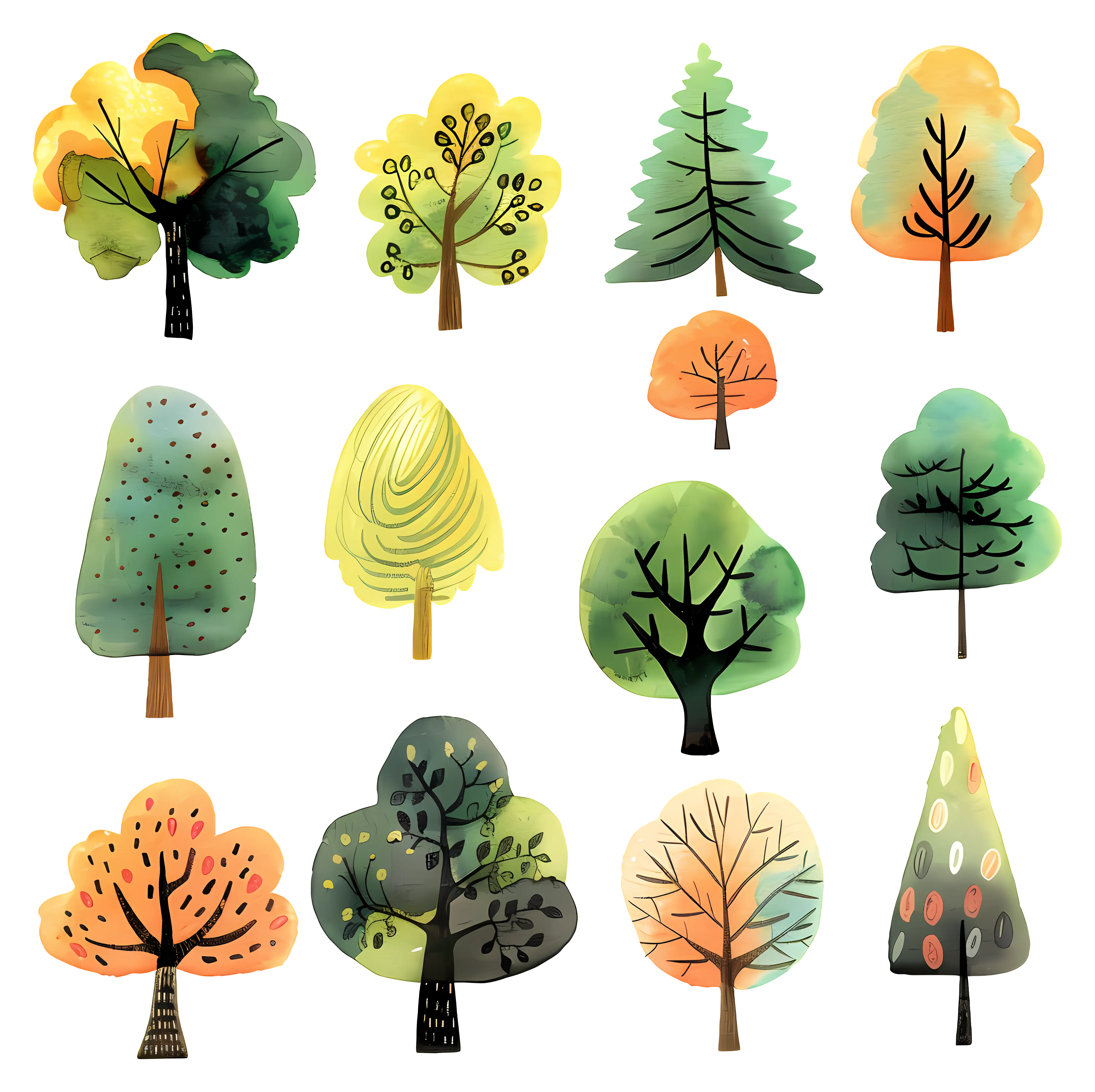 Colorful Seasonal Tree Illustrations in Watercolor Style