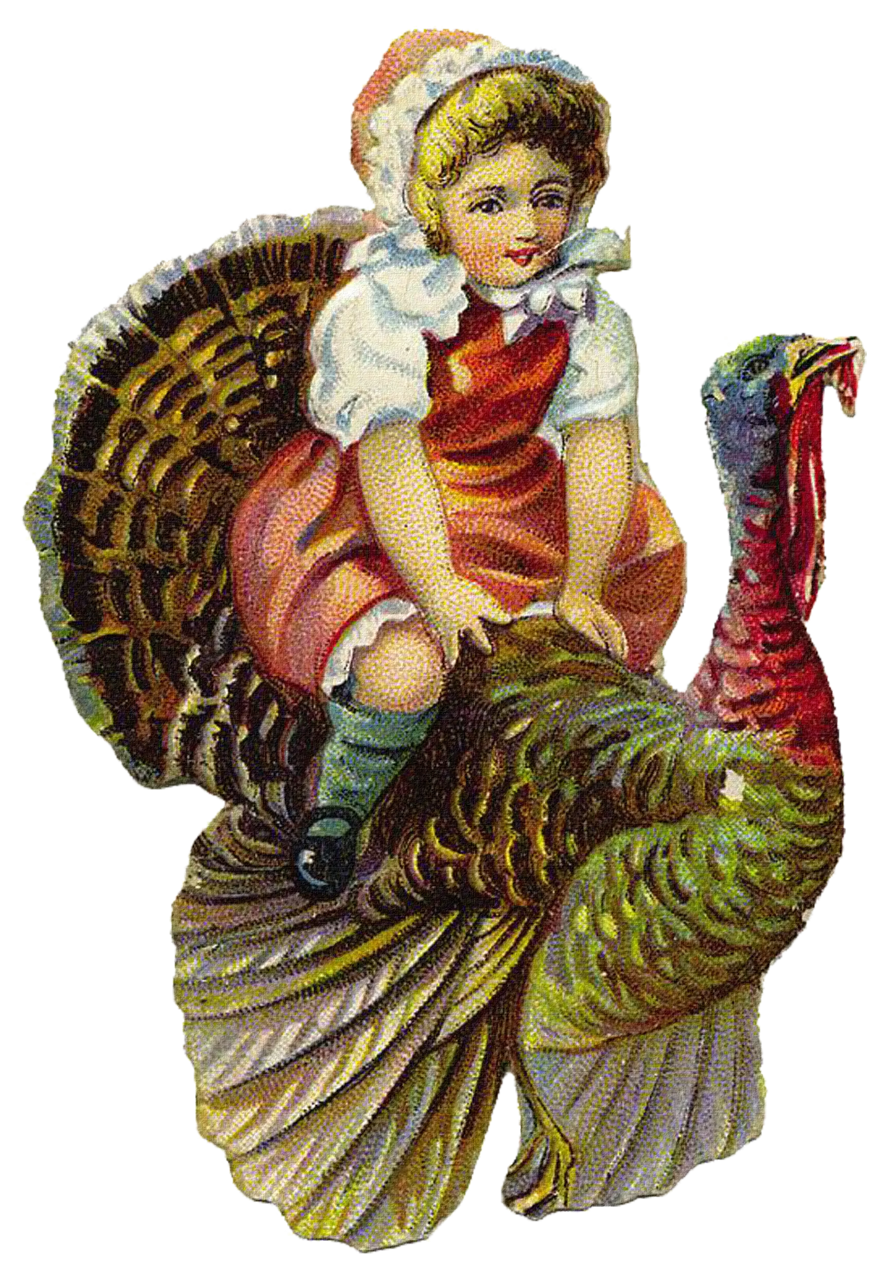 Vintage Illustration of Girl Riding a Turkey