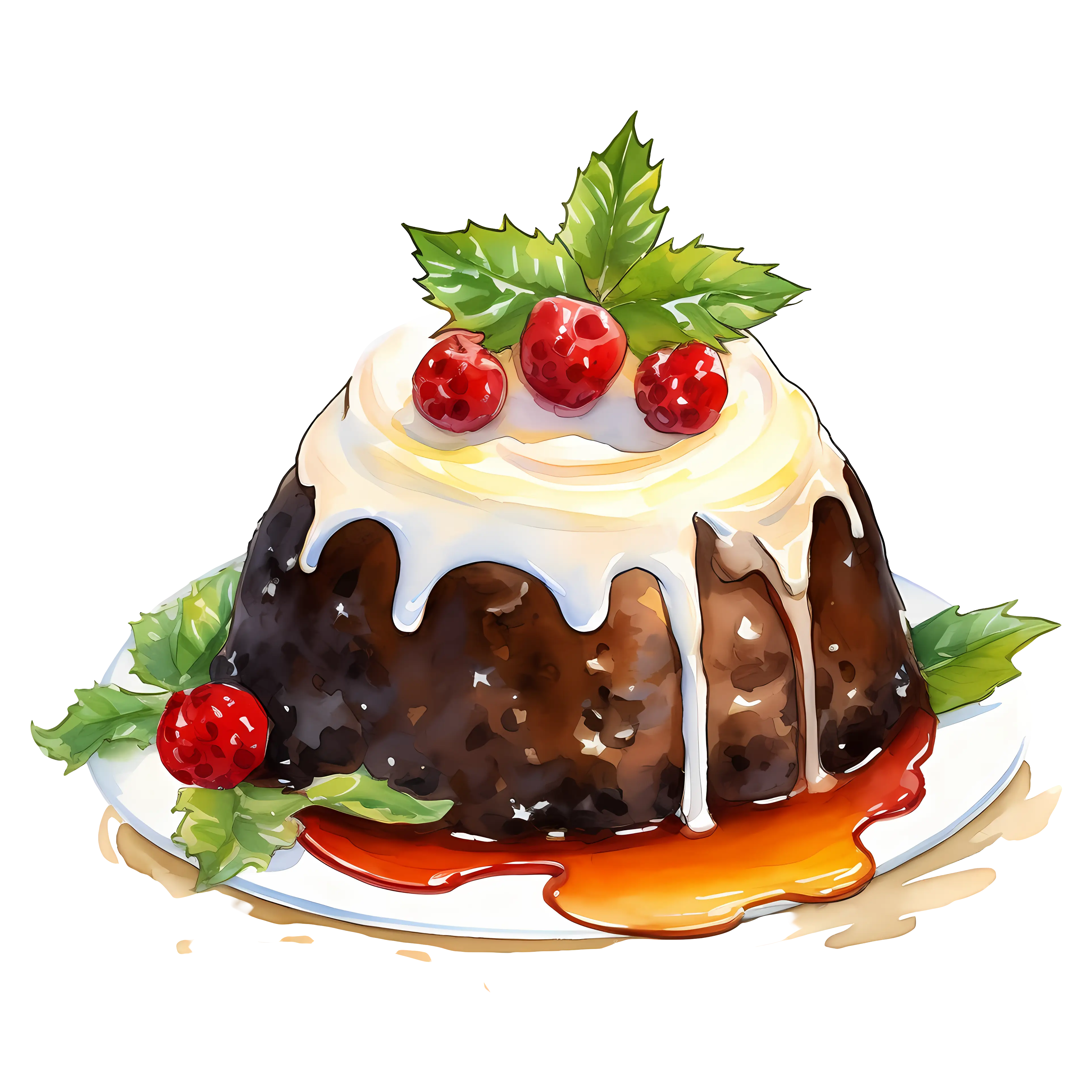Traditional Christmas Pudding with Cream and Berries